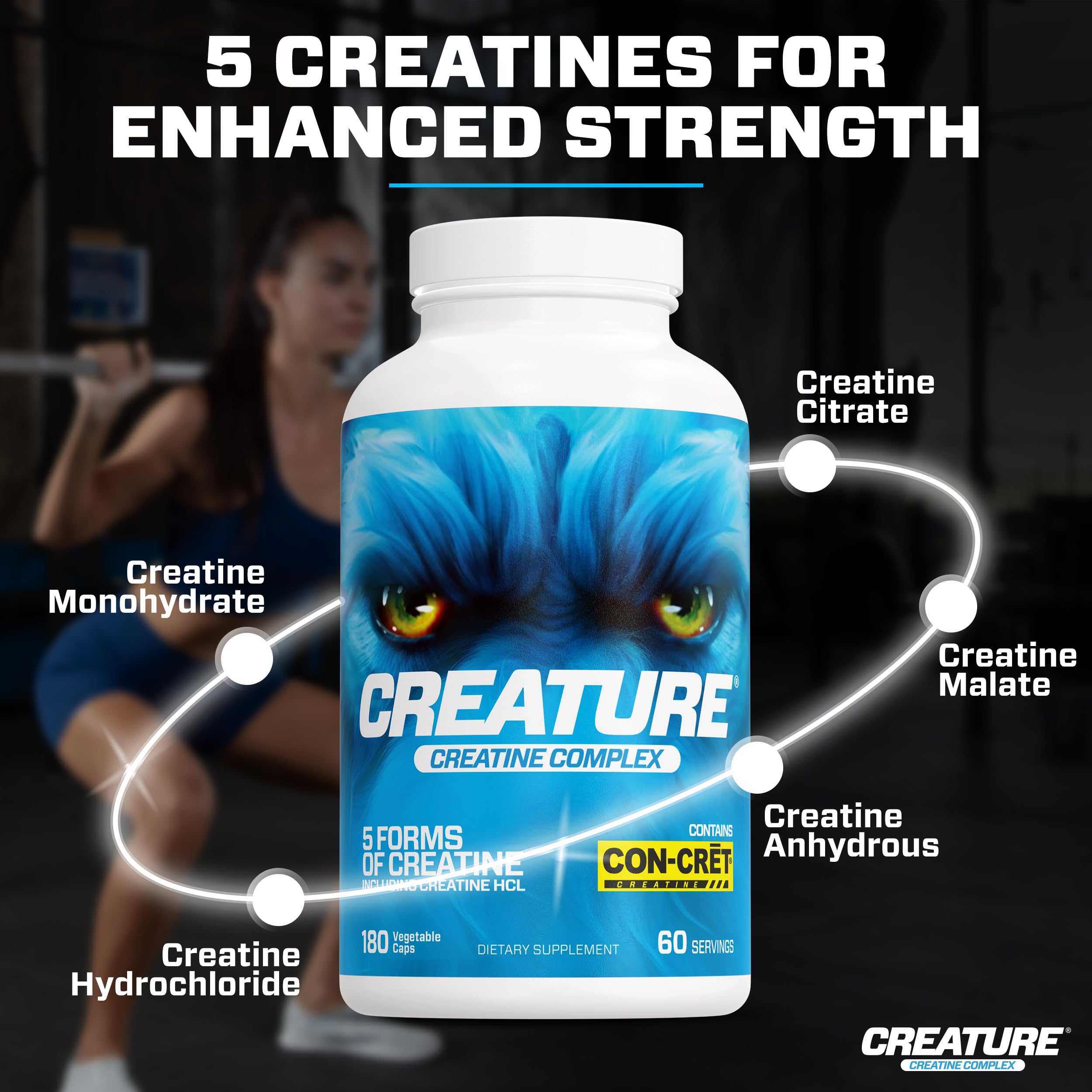 CREATURE® Creatine Complex - Creatine Monohydrate Capsules with 5 Types of Creatine Including Con-Cr?t® Creatine HCL, Promotes Muscle, Strength, Endurance, Brain Health, 180 Veggie Caps, 60 Servings