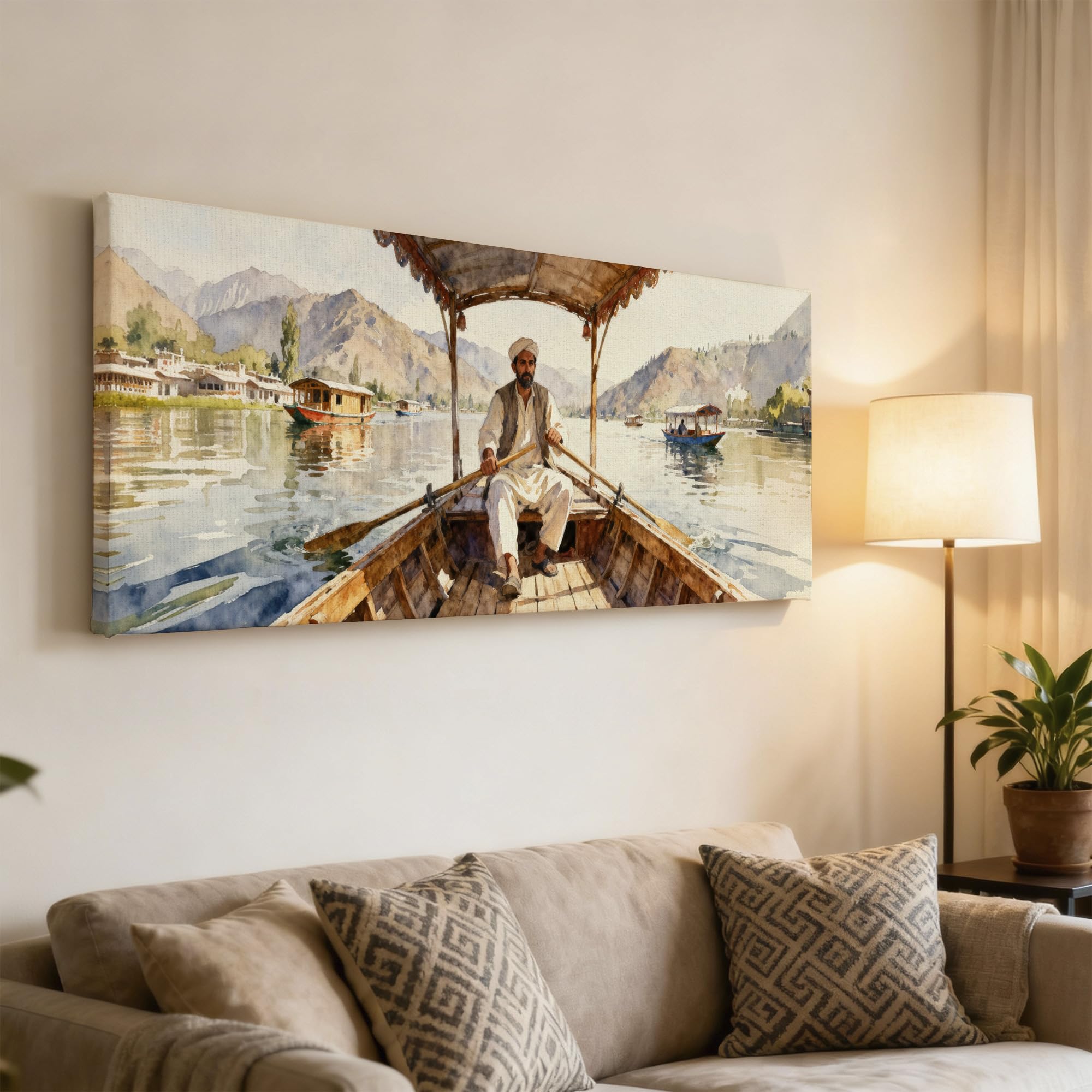 SoulAbiti Shikara Ride on Dal Lake Unframed 36x14 inches Rolled Canvas Wall Expressionism Art UV Print Painting for Living Room, Bedroom & Office Decor Premium Gloss Vivid Fade-Resistant Print 2