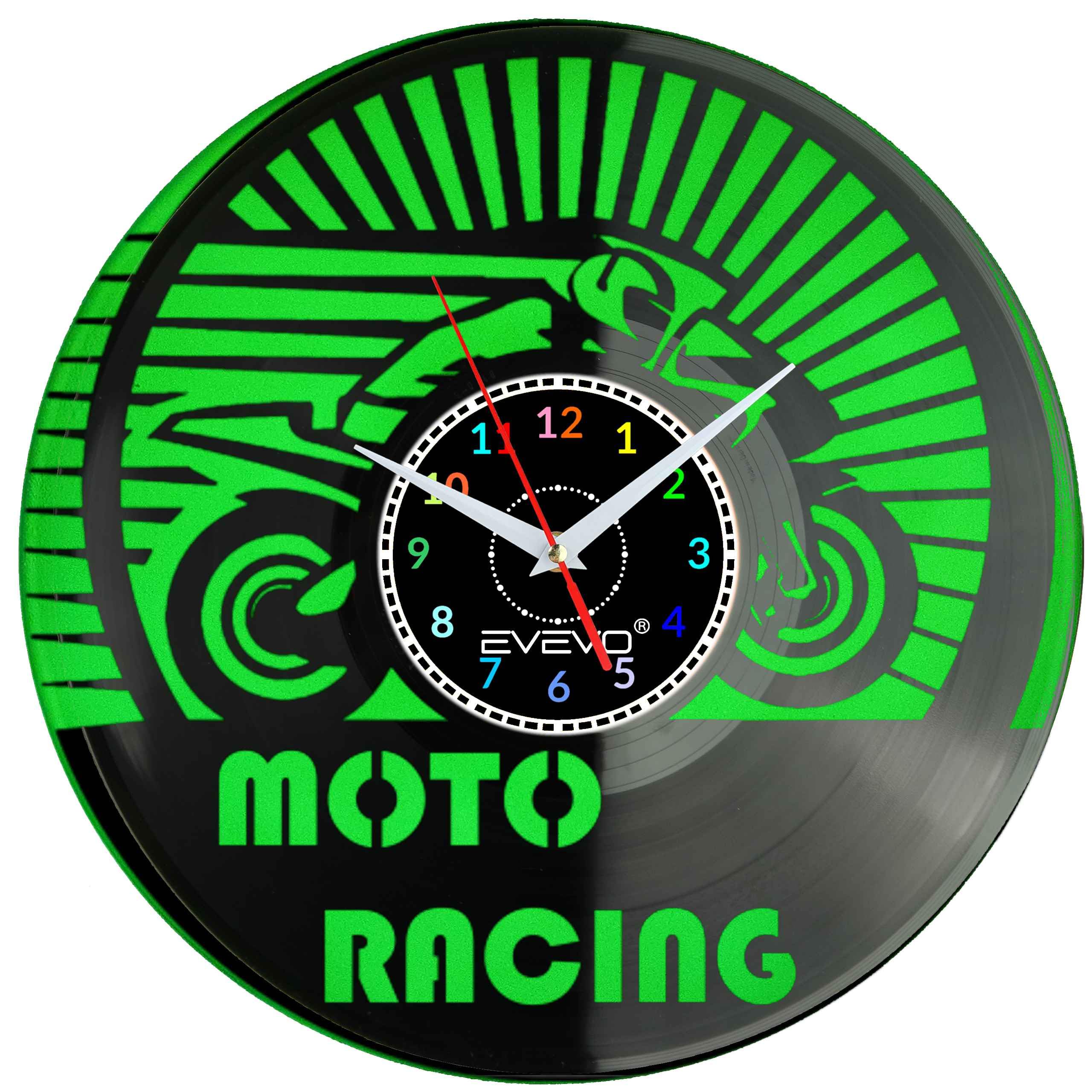 MOTOR MOTOCYKL MOTO RACEING ZEGAR ŚCIENNY FLUORESCENCYJNE TŁO PŁYTA WINYLOWA PREZENT UPOMINEK URODZINY GIFT SOUVENIR EVEVO F0055