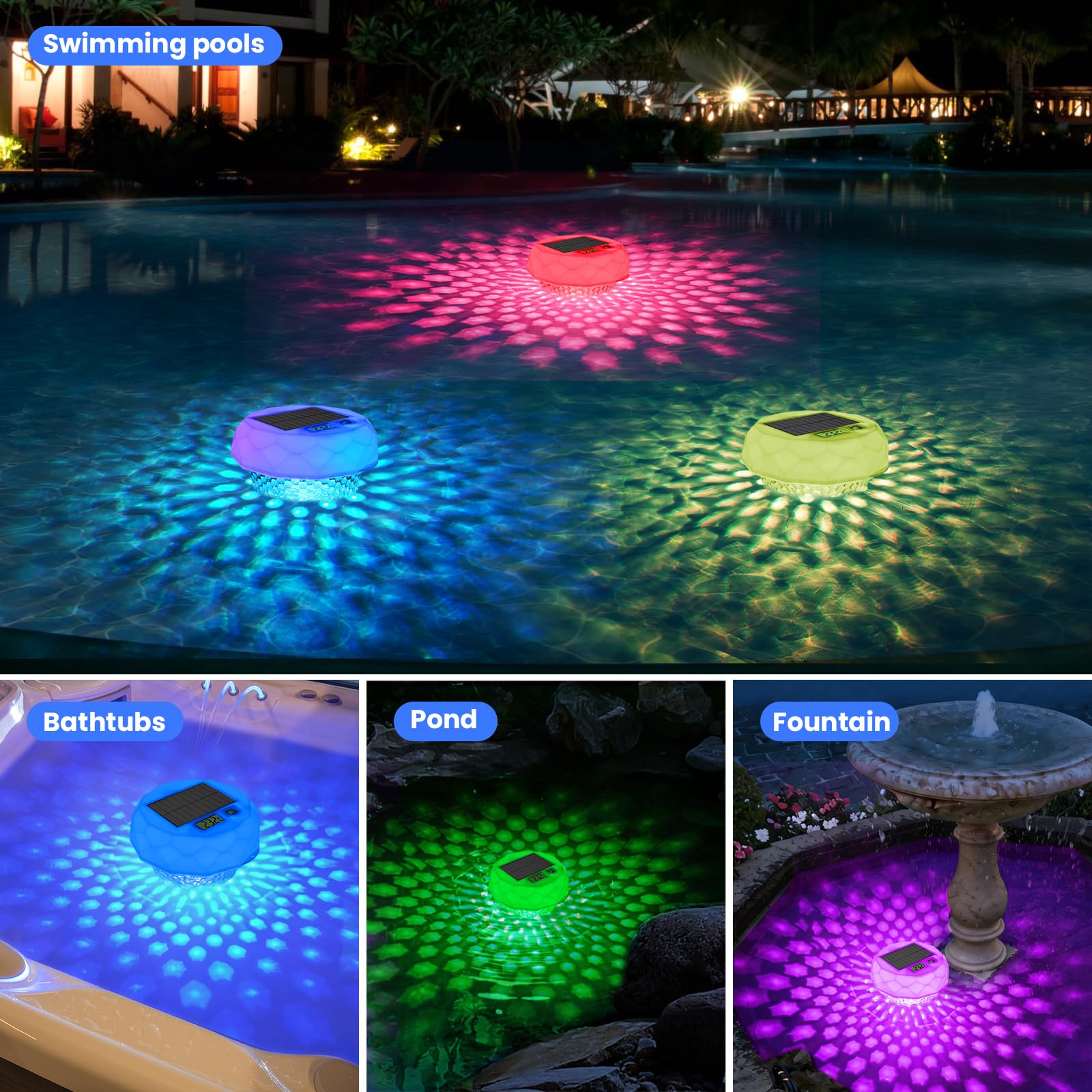 Dosierschwimmer Pool mit Solar Lichter, Thermometer, Solar Poolbeleuchtung mit Fernbedienung, 8 Farbmodi, Timer, Wasserdichte, Pool Chlortabletten Dosierer Schwimmer für Whirlpool, Spa, Teich Deko