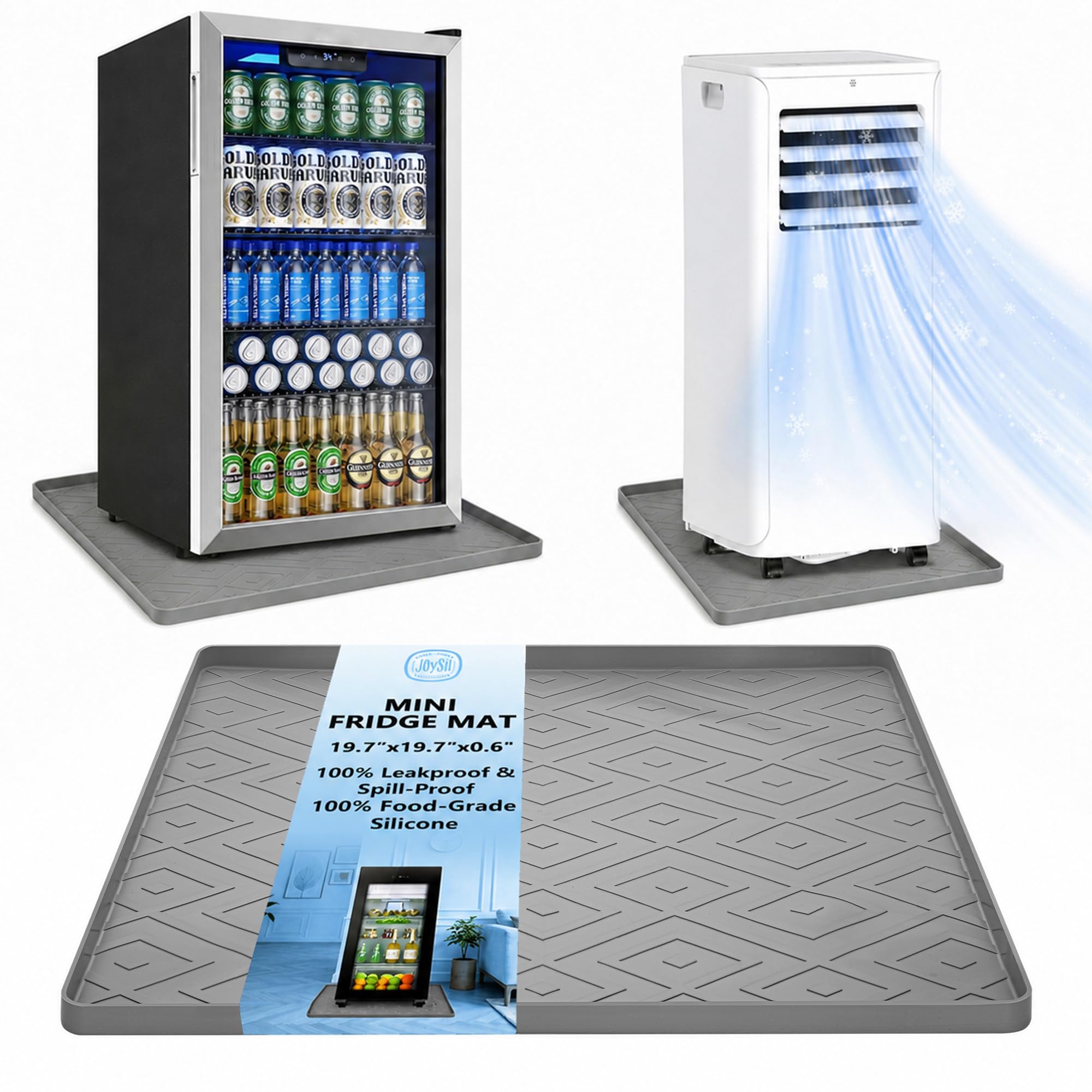 Non-Slip Leak-Proof Refrigerator Mat with Raised Edges to Protect Floors & Carpets Under Mini Fridges, Washers & ACs 19.7" Silicone Refrigerator Drip Tray Appliance Mat (Gray)