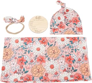Floral Print Newborn Swaddle Blanket Floral Baby Receiving Blanket Floral Print Swaddle Wrap Soft Breathable for Boys Girls with Headband Hat Month Tag (Type 3)