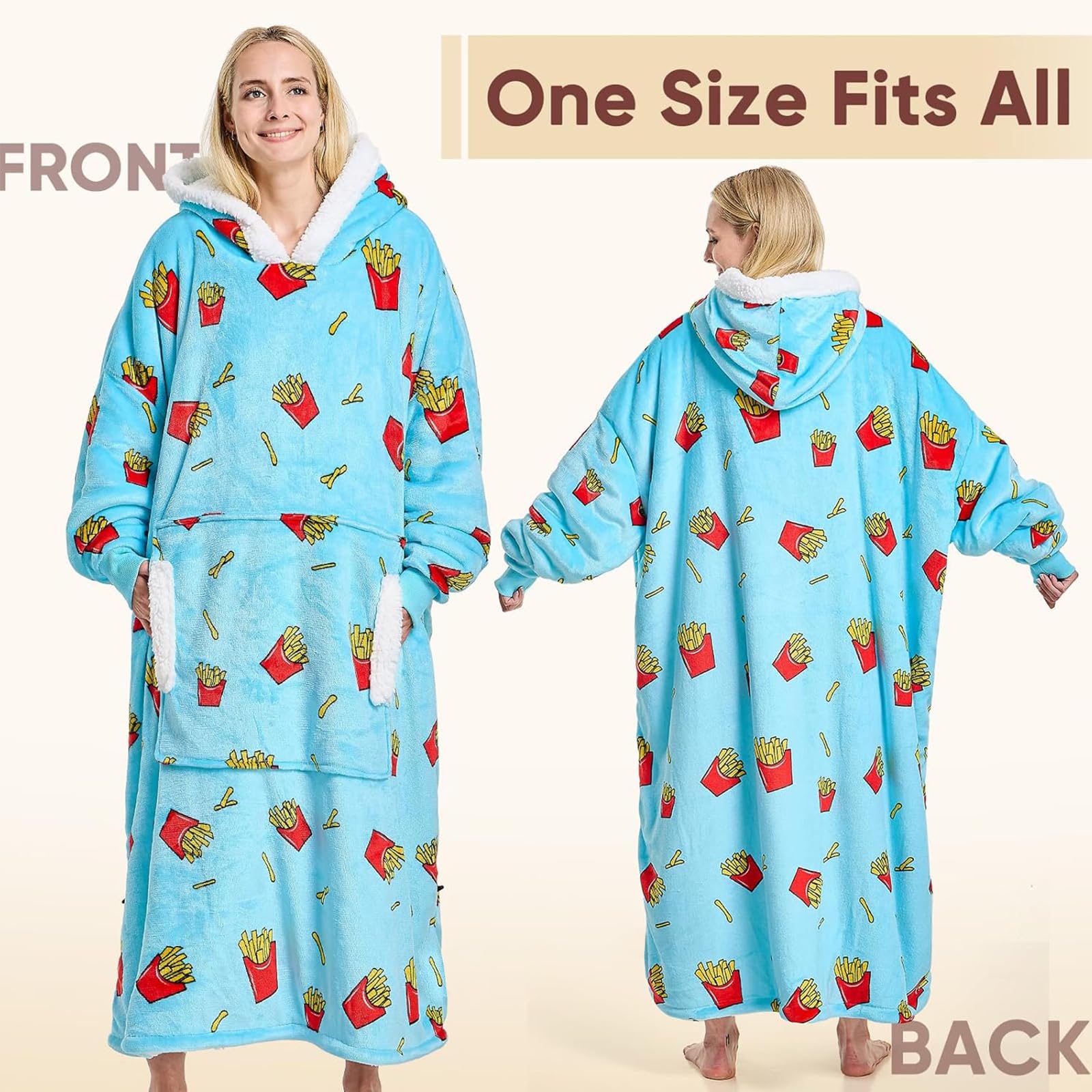 yescool Wearable Blanket Hoodie - birthday gifts for Adults/Women/mom, Flannel Cozy Sherpa Fleece Blanket Sweatshirt with Hood, Pocket & Sleeves, Large, One Size Fits All (Fries)