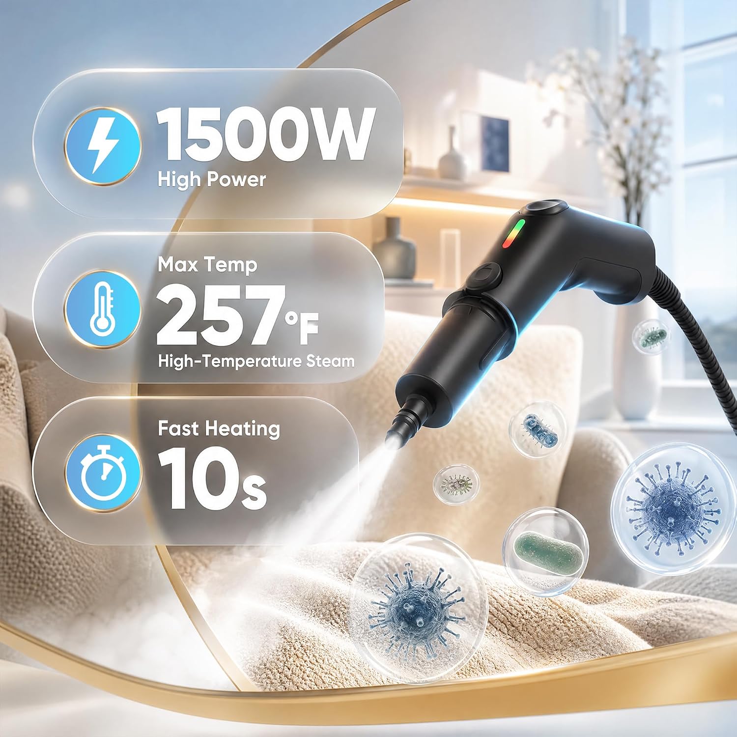 Handheld Steam Cleaner, 3 Level Adjustable Steam Cleaner for Home, 15s Heat-Up, 1.8L Large Tank, Car Detailing Steamer for Tile, Grout, Furniture, Windows, Couch (16 pcs Accessories)