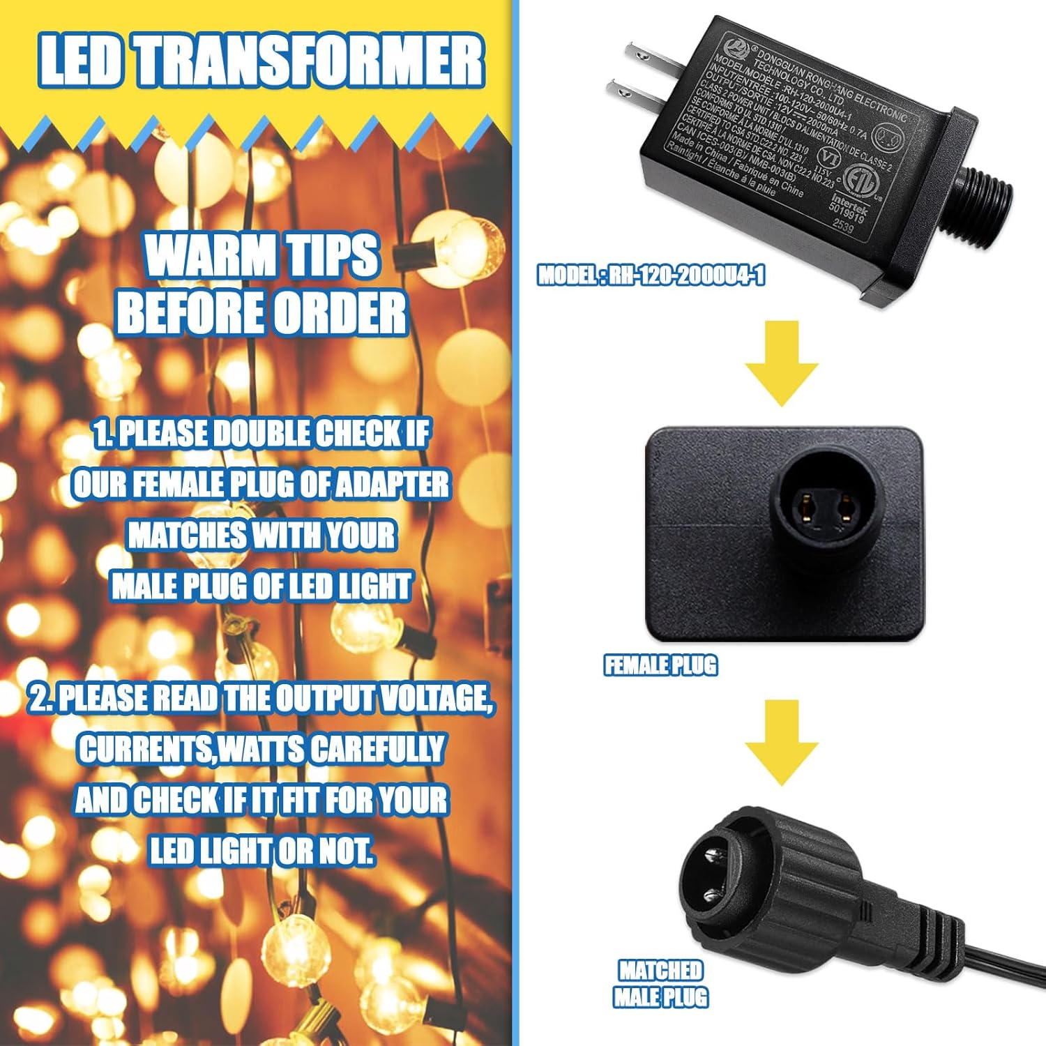 12V 2A LED Controller with Extension Cord, 24W Class 2 Power Supply Ip44 Low Voltage Transformer ，Replacement Model RH-120V2000U4-1 for Christmas String Light Inflatable Decorations (12V 2A 1PCS)