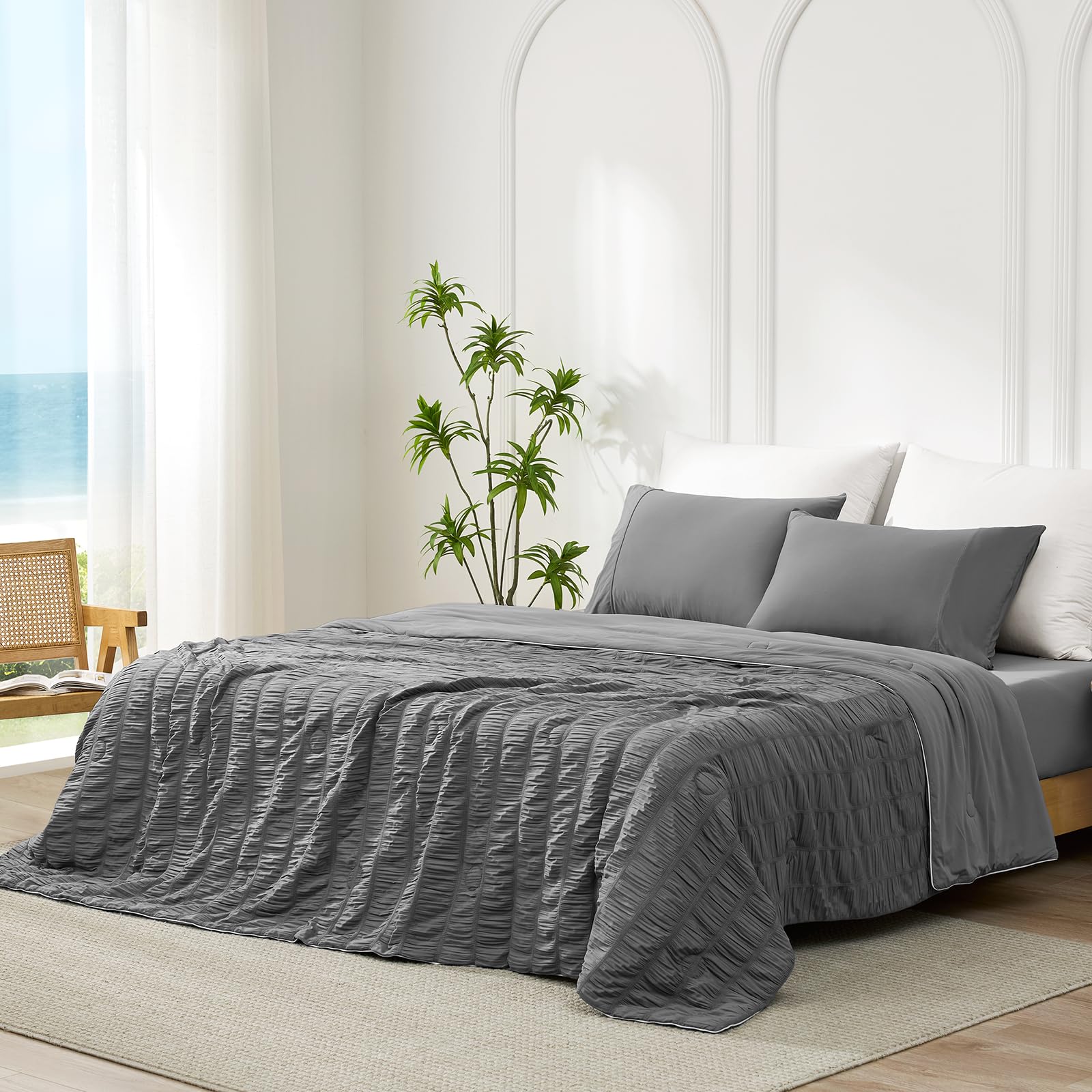 Cozy Bliss Vertical Striped Seersucker Cooling Comforter King Size, Lightweight Airflow Silky Cooling Bedding with Q-Max>0.45 for Bedroom, Home Decor, Hot Sleepers & Night Sweats, Grey 106"×90"