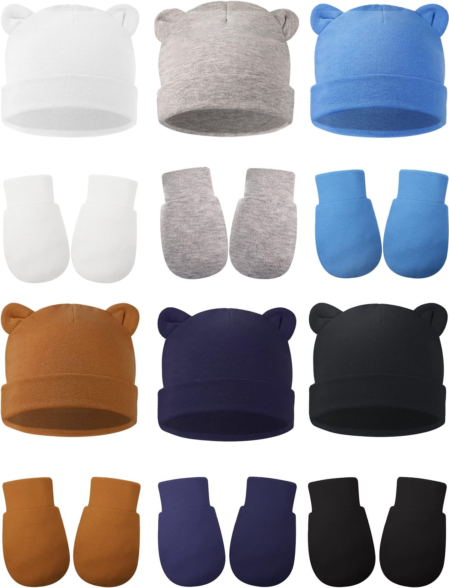 Baby Fetal Cap Gloves Set, 6 Sets Newborn Cute Cotton Hospital Hat Mittens Baby Beanie Maternity Birth Accessories (White, Grey, Blue, Black, Dark Blue, Brown)