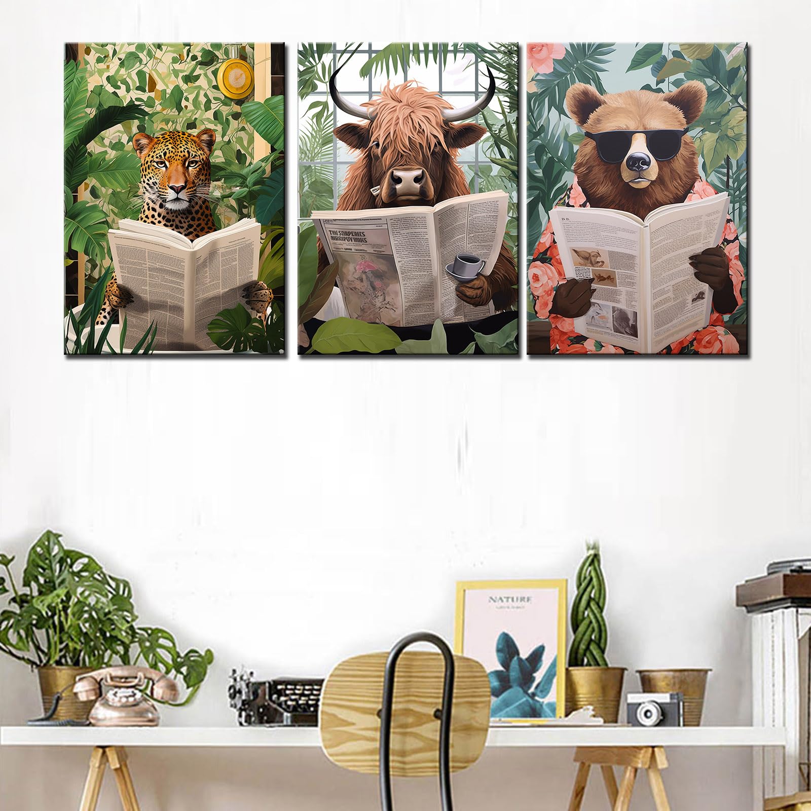 Jungle Bathroom Animal Home Decorations for Living Room Lovely Pictures Cattle Bear Leopard Paintings 3 Pcs Canvas Leaves Art Bathtub Ainmal Artwork Framed Gallery-wrapped Ready to Hang 42''Wx20''H - Image 2