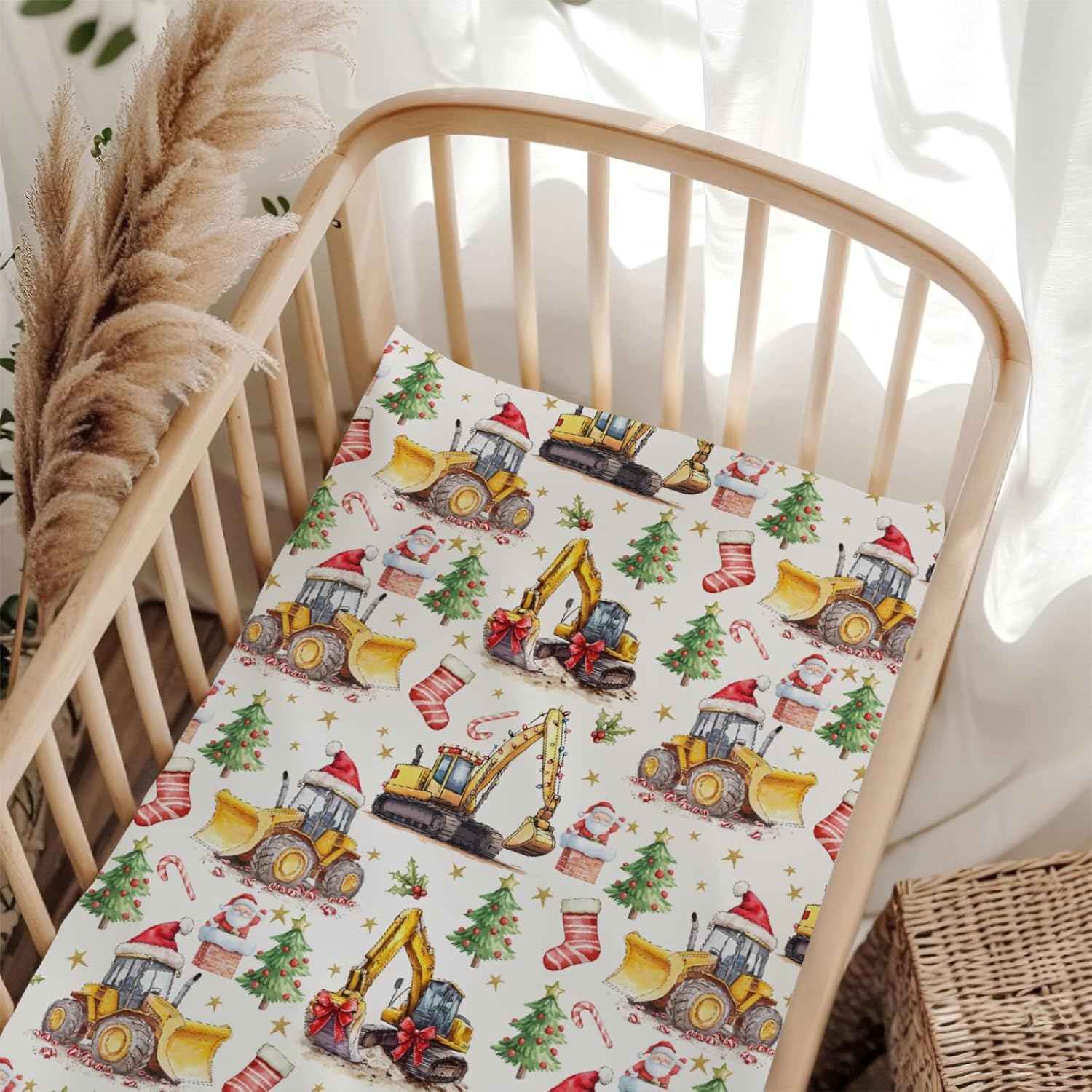 Cute Christmas Construction Trucks Santa Pine Trees Fitted Baby Crib Sheet for Boys Girls 52x28x9 in Vintage Digger Vehicles Candy Gift Fir Baby Sheet for Standard Crib and Toddler One Size
