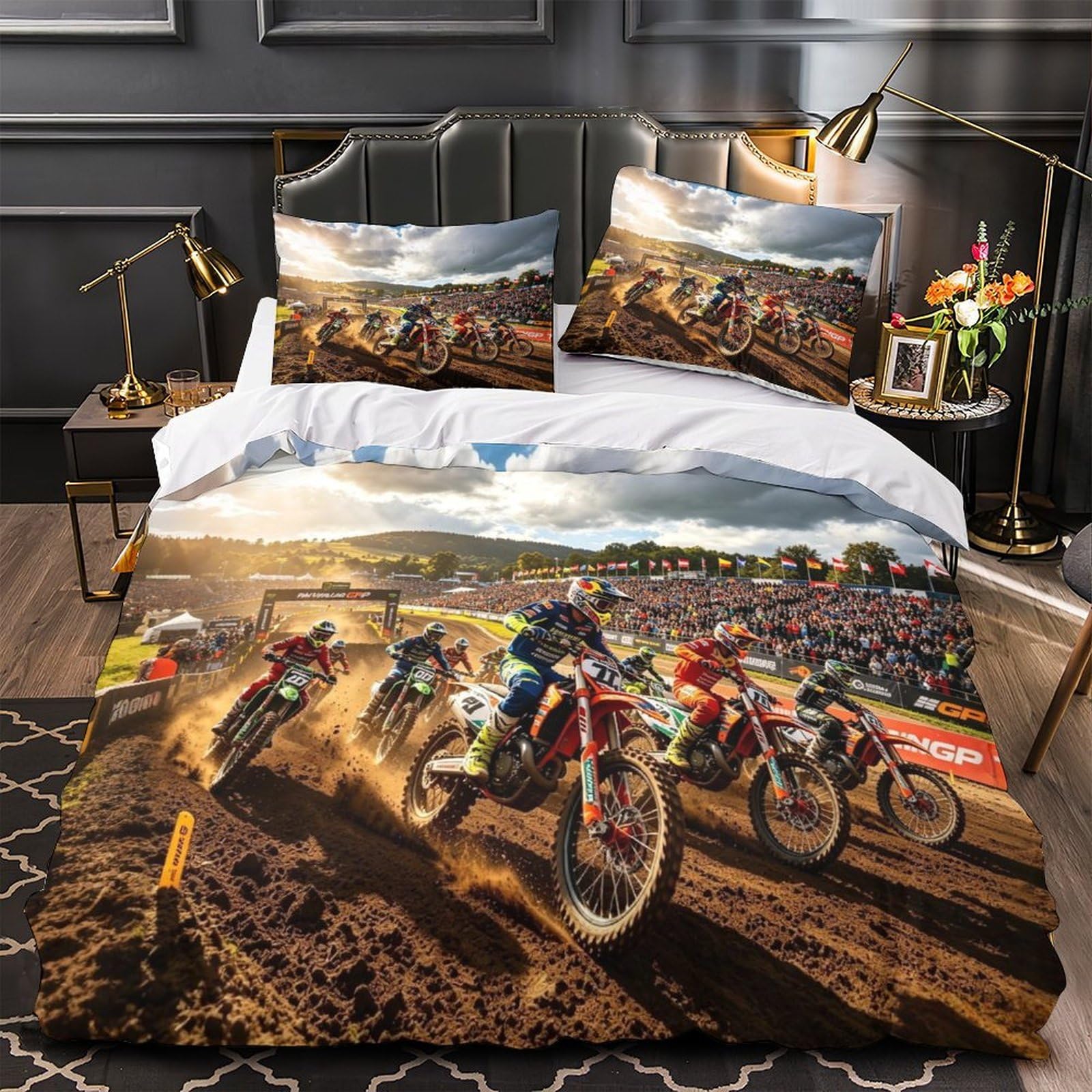 DAFUfbw Dirt Bike Bedding Set With Hidden Zipper, King（220x240cm） Pit Stop Duvet Cover Set with Pillowcases, Pit Stop Pattern Quilt Cover Set Soft Microfiber