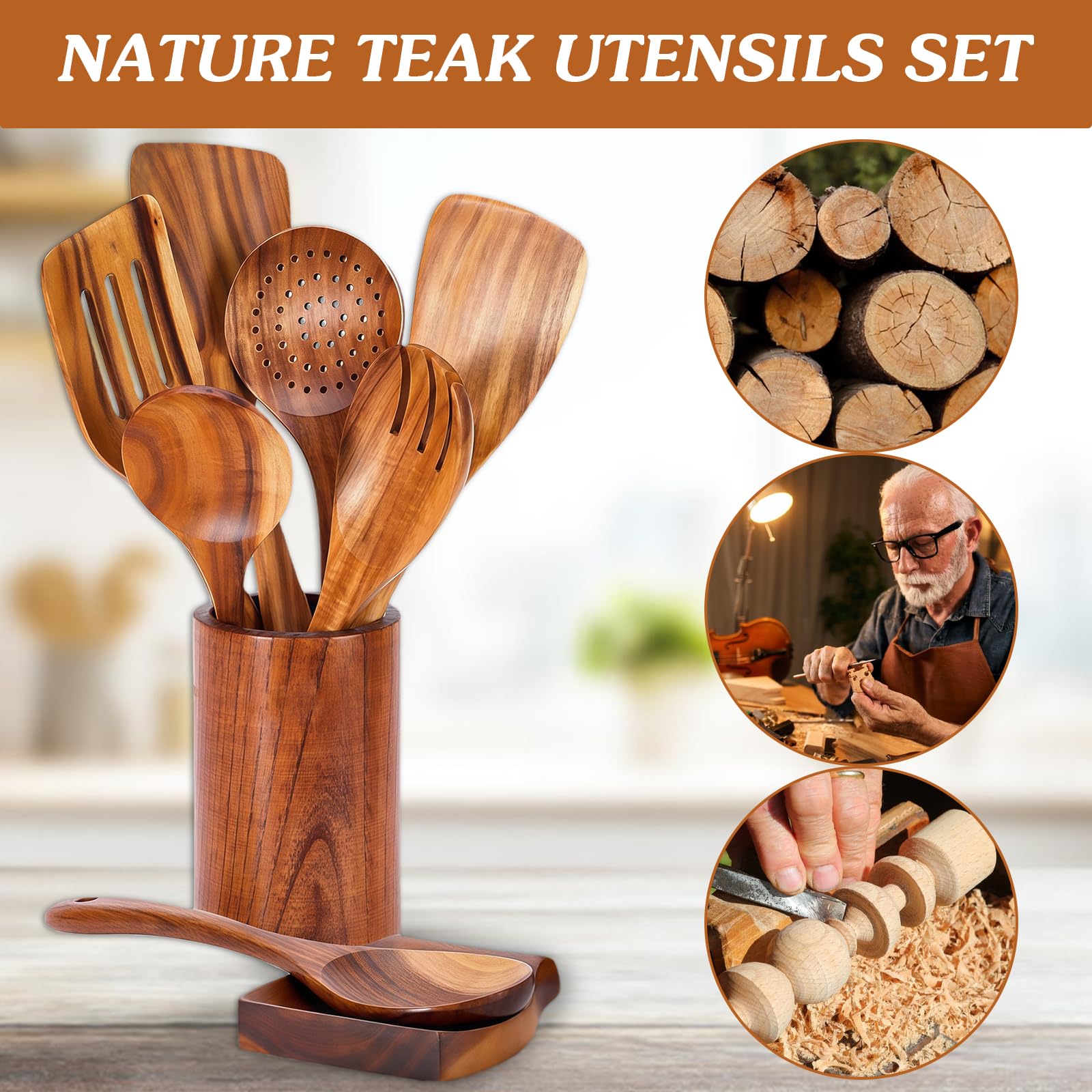 Set di cucchiai da cucina in legno, 9 pezzi di posate da cucina in legno, con supporto, spatola, cucchiaio da cucina, cucchiaio da cucina, cucchiaio da pasta, scolapasta, utensili in legno per