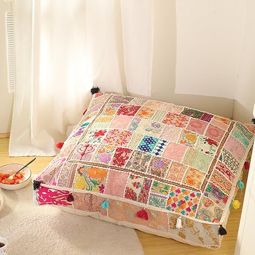Miniatura 53 de THE ART BOX Cotton Patchwork Vintage Boho Embroidered Floor Pillows & Cushion Cover Dog Pouf Seating Pouf Meditation Pillow Pet Bedding Cat Bed Boho