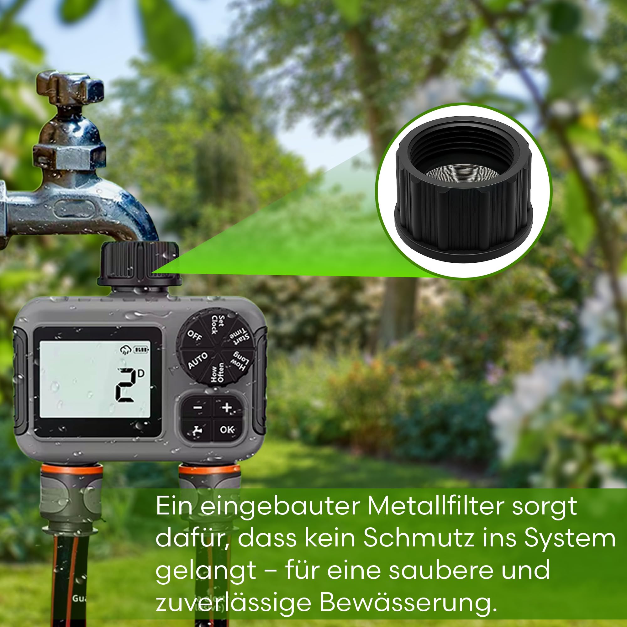 rainfactory Temporizador con 2 salidas, IP55 resistente al agua, retardo de lluvia, temporizador digital de riego, 2 salidas para dos zonas diferentes, manguera de goteo inteligente de control de
