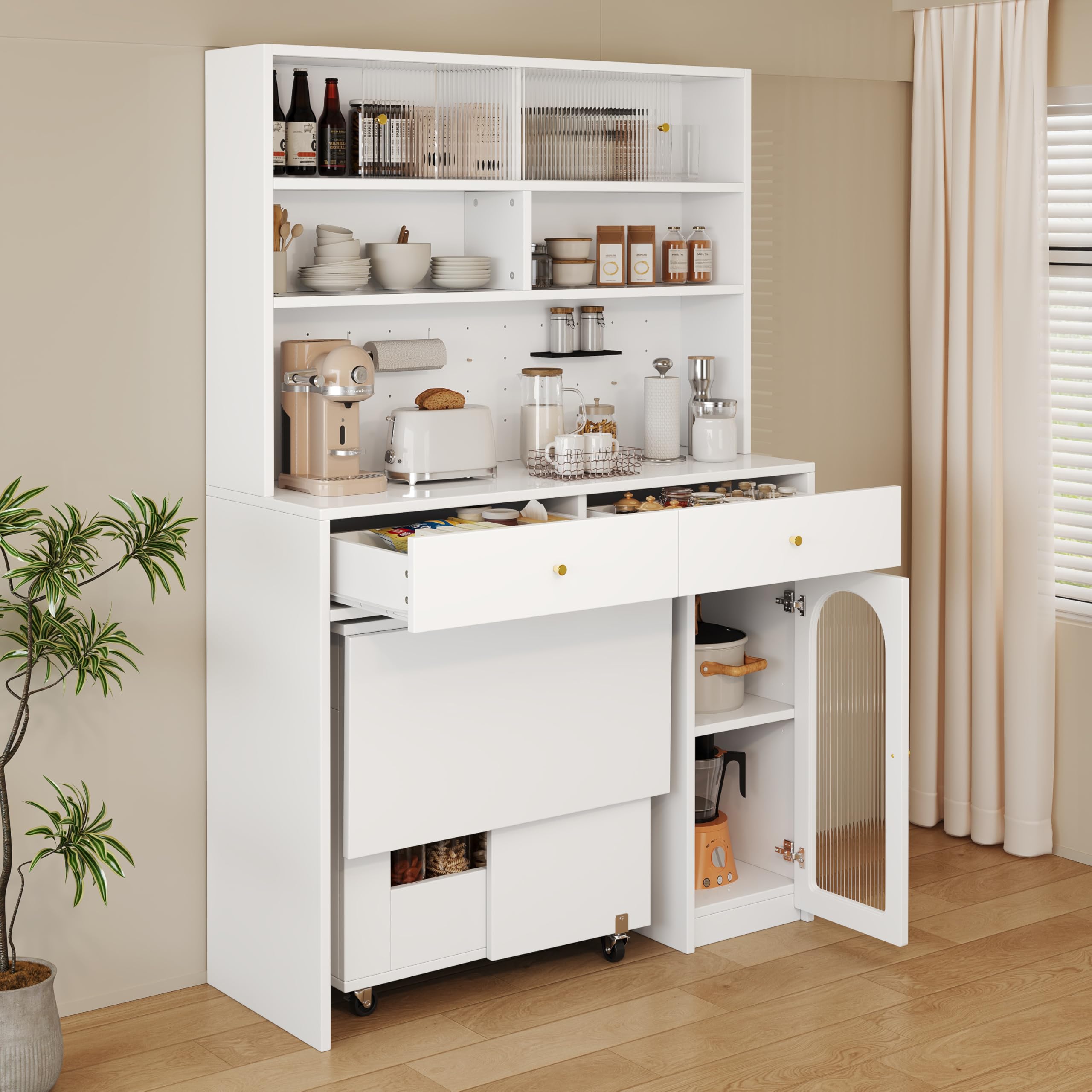 Îlot de Cuisine Mobile avec Plateau Rabattable,Table à Manger Pliante 2-en-1 et Coffret de Buffet,2 Tiroirs,3 Portes,6 étagères,Meuble de Rangement pour Salon,Salle à Manger