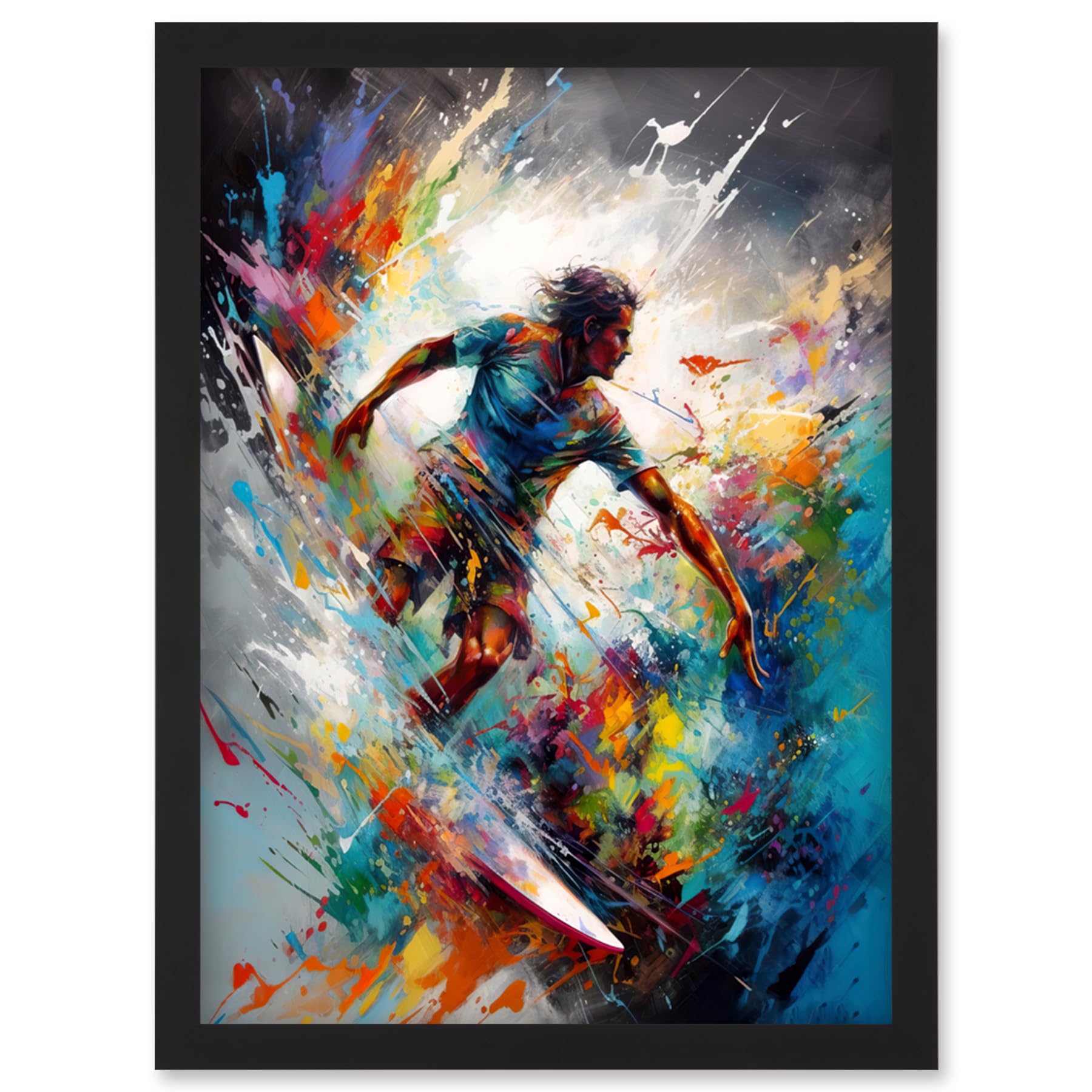 Artery8 Surfer Surfing on Rainbow Paint Splat Waves Artwork Framed Wall Art Print A4