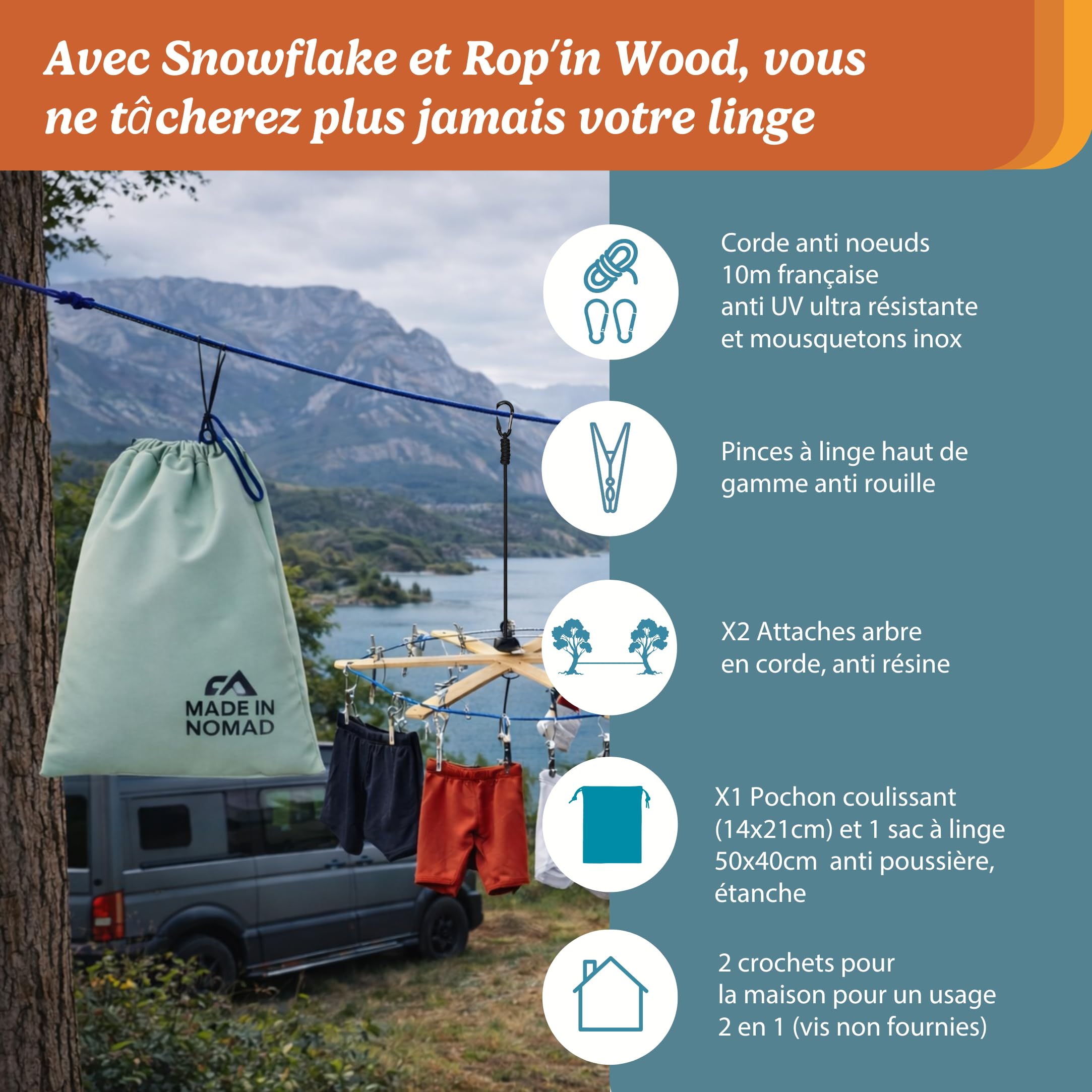 Etendoir a Linge Pliable + Corde a Linge Exterieur Intérieur 10M + Sac à Linge 50 x 40 cm, 20 Pinces à Linge INOX, 2 Attaches Arbre/Corde, 2 Crochets, 5 Mousquetons, Voyage Accessoires Made in France