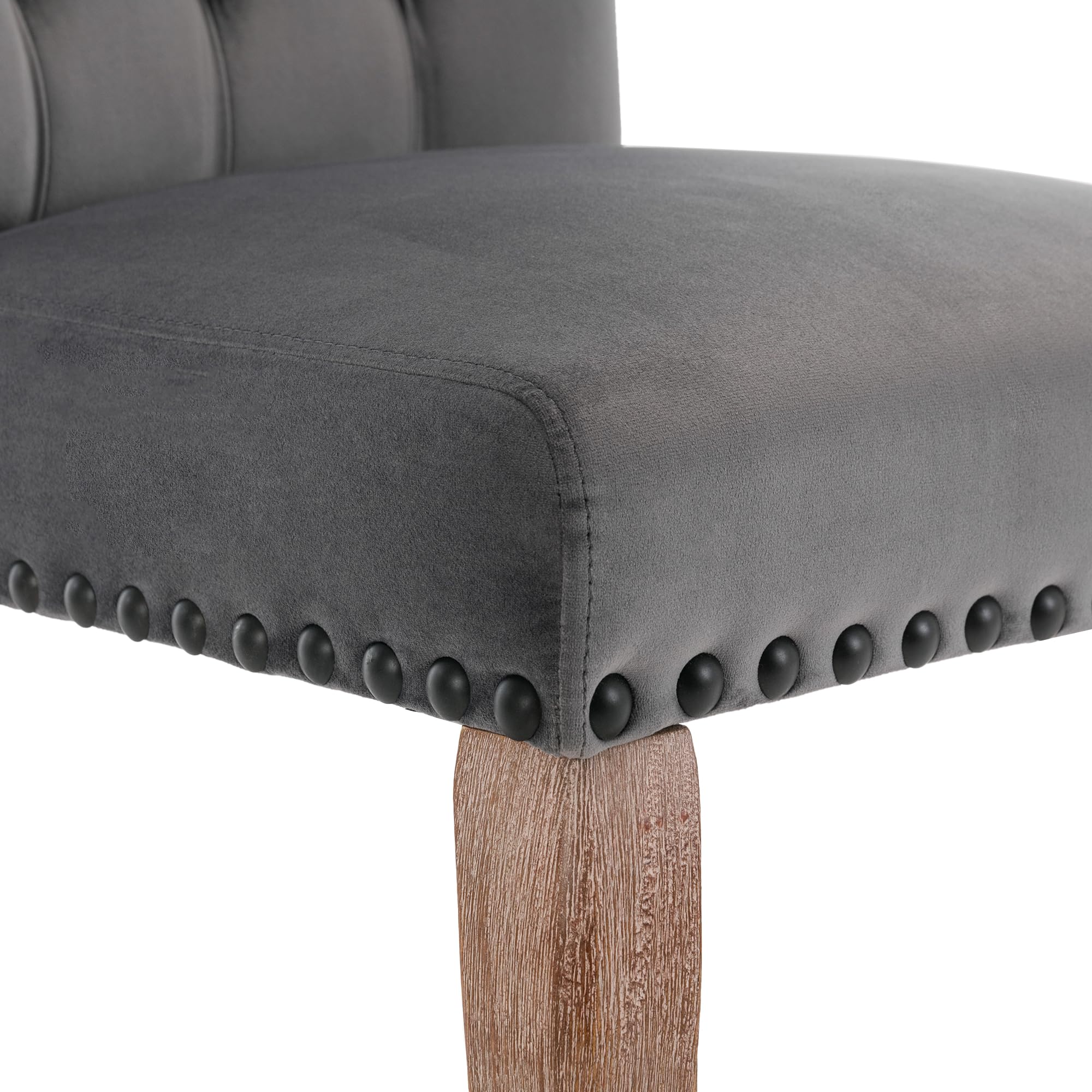 Silla de comedor (silla de cocina, silla de salón con aldaba única en la parte trasera), silla tapizada con cabeza de clavo, patas de madera maciza, funda de terciopelo, gris, 2 unidades
