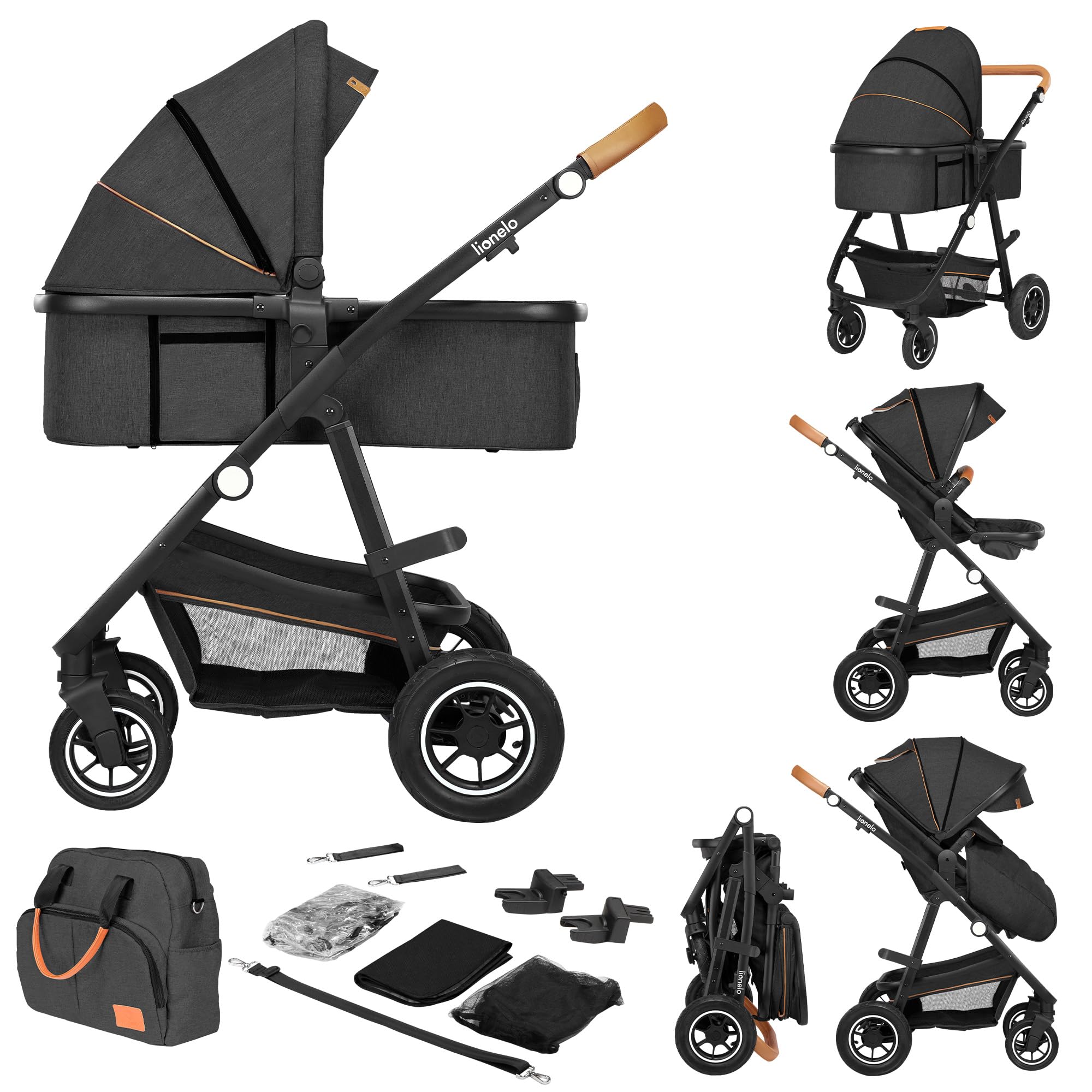 LIONELO Amber Coche de bebé multifuncional 2 en 1 Conjunto silla de paseo con el Asiento de Cubo e Capazo Manillar regulable Bolsa Mosquitero Protector de lluvia