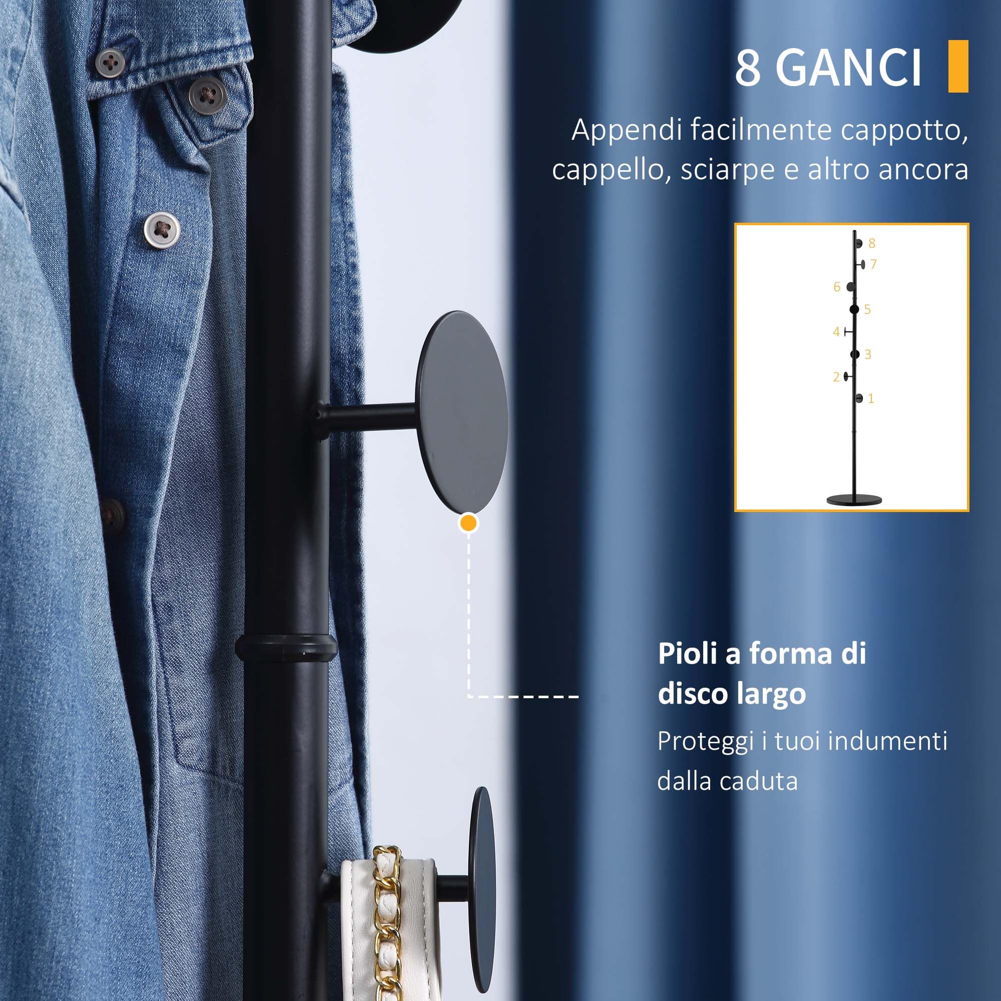 HOMCOM Albero Appendiabiti con 8 Ganci Base Rotonda 35x35x170 cm Nero | Appendiabiti da Terra, in Acciaio e Marmo