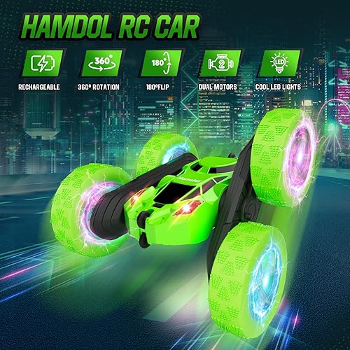 Vista 53 de Auto de control remoto para niños, auto de acrobacias RC giratorio de 360°, vehículo eléctrico 4WD de doble cara con luces LED, autos de juguete