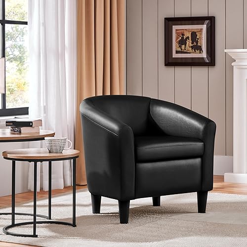 Miniatura 2 de Topeakmart Silla de club de piel sintética, moderna silla decorativa y acogedor sillón de barril con patas resistentes para sala de estar, Negro