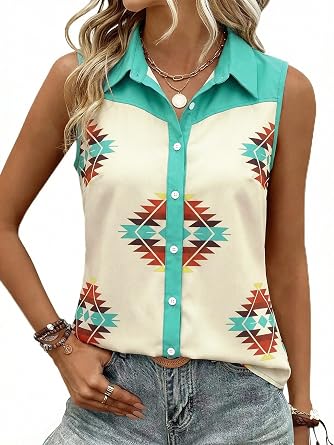 SFHFY Western Sleeveless Button Down Shirts Women Retro Cowgirl Tanks | Vintage Rodeo Shirts Cowboy Outfits Western Sleeveless Button Down Shirt Casual Cowgirls Blouse Top
