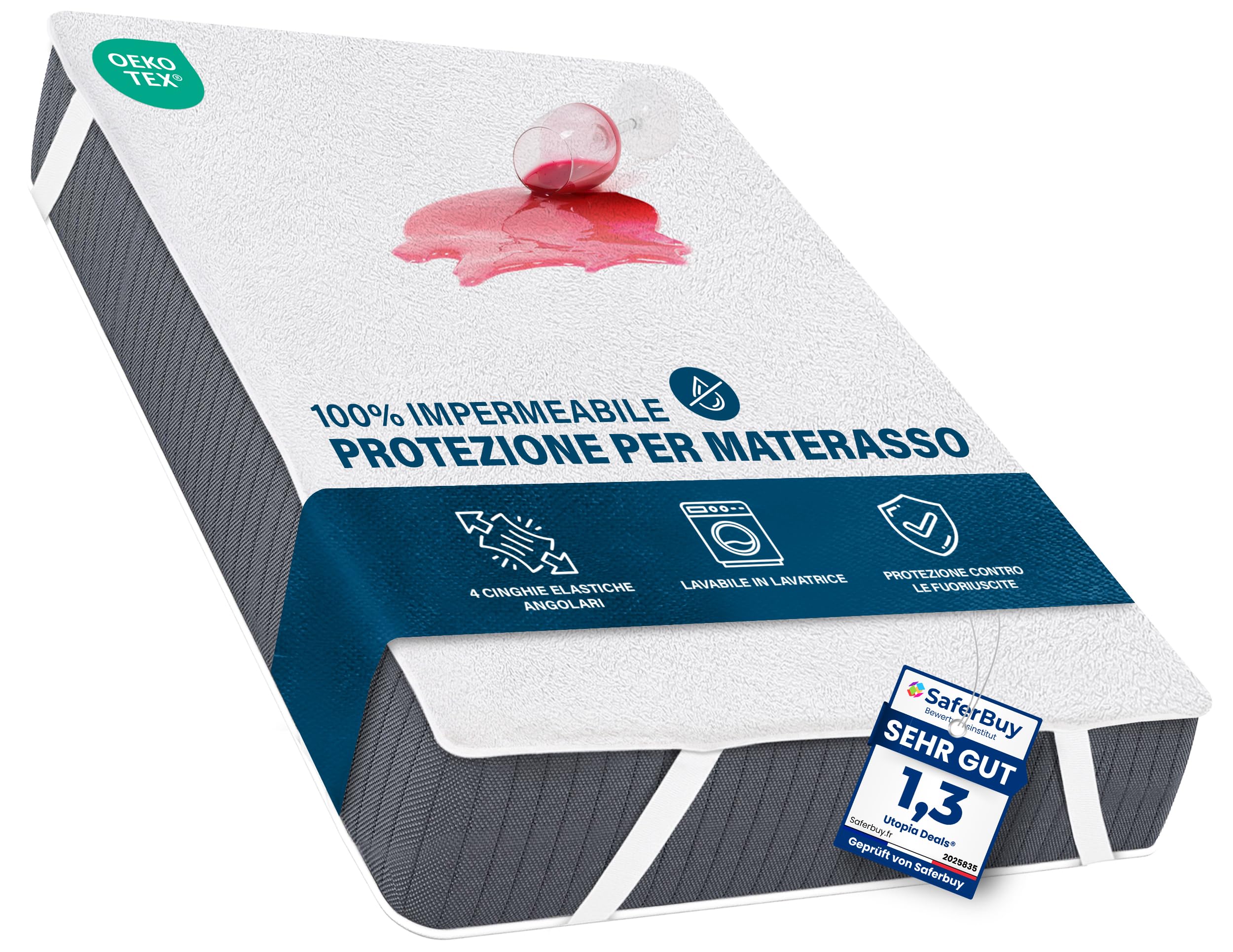 Utopia Bedding Coprimaterasso Matrimoniale Impermeabile 180 x 200 cm, 4 Angoli Elasticizzati, Certificato OEKO-TEX, Proteggi Materasso, Traspirante, Lavabile