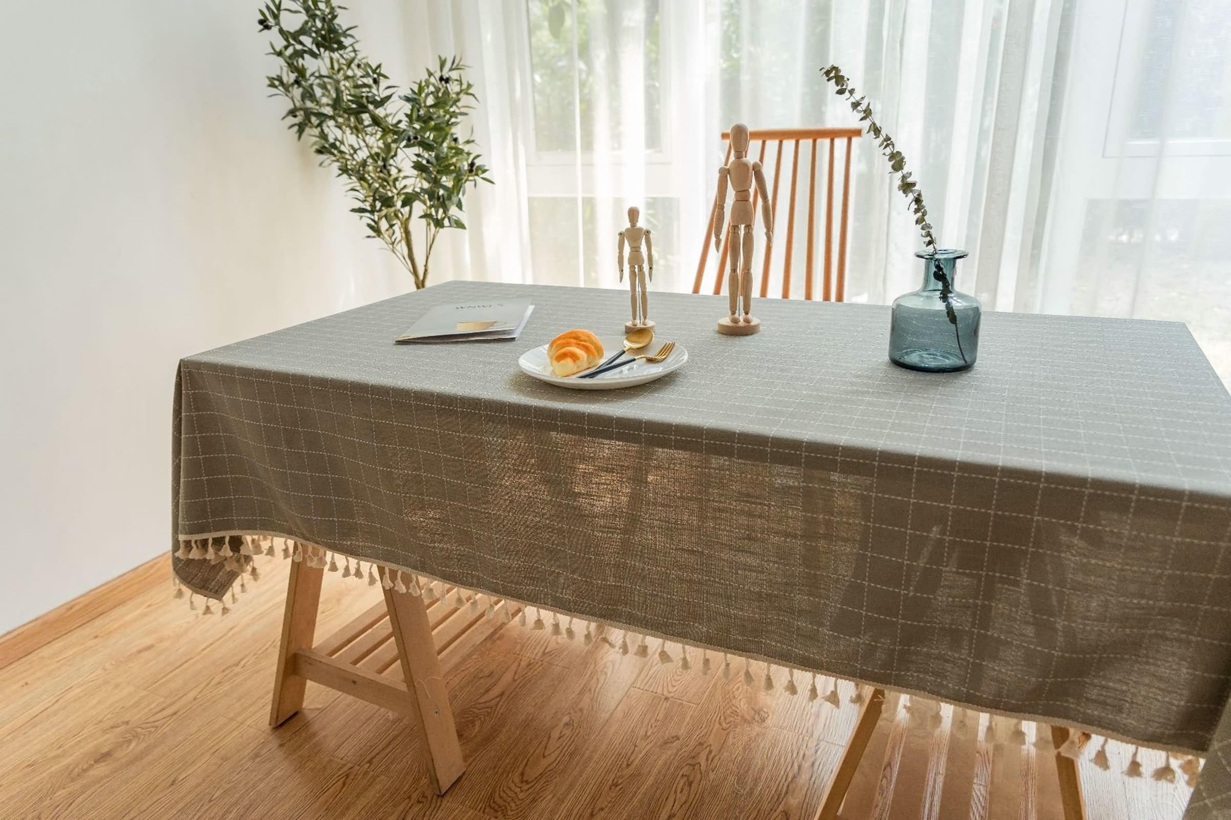 Tischdecke Abwaschbar Grau, Baumwollleinen Tablecloth Stickerei Kleines Karo Tischdecke Rechteck 110x170CM