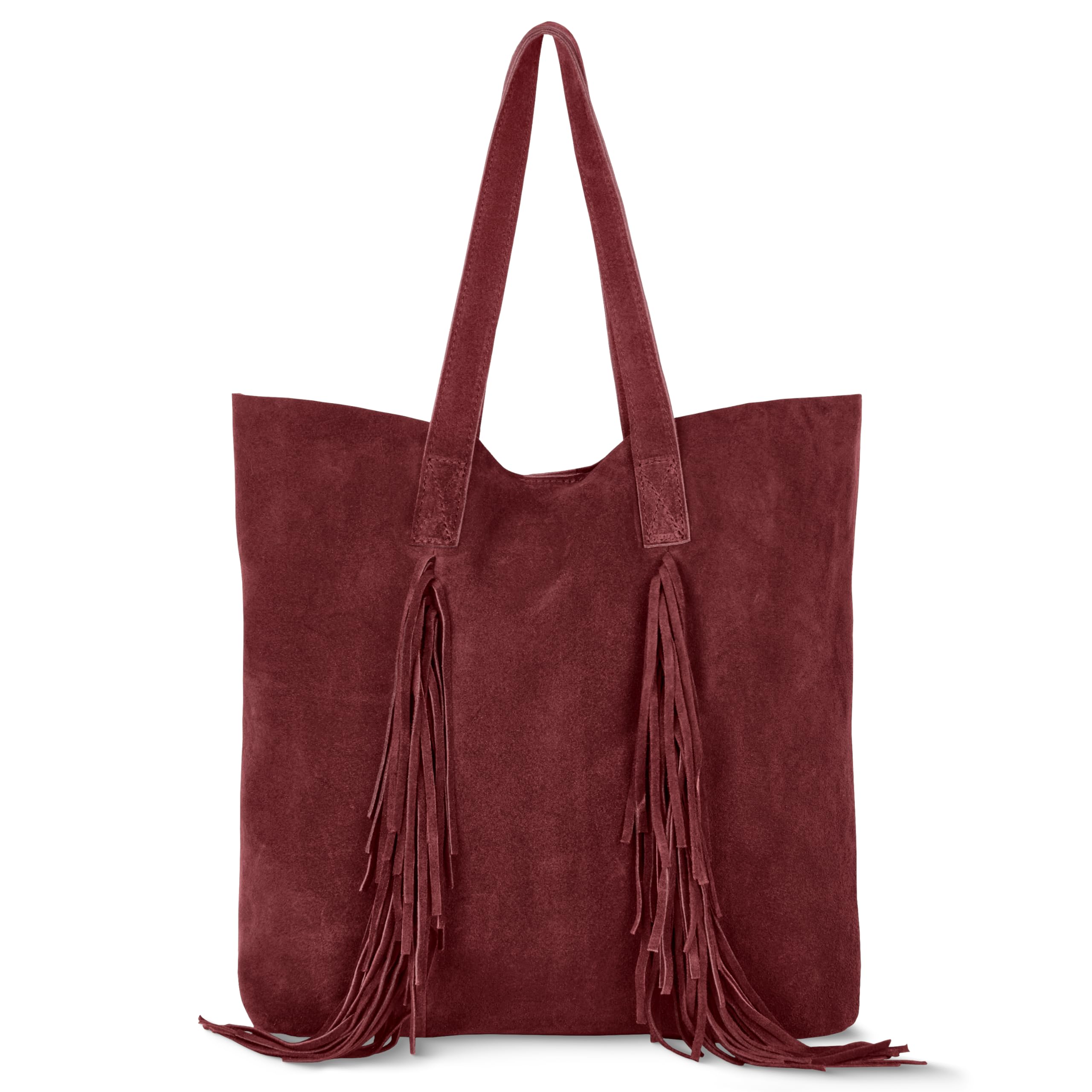 Italian Genuine Suede Tote Bag for Women with Fringe Detail | Medium Top Handle Handbag with Detachable Zip Wallet