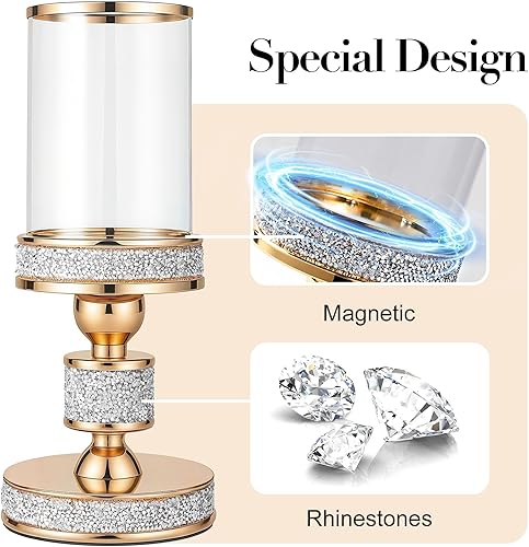 Miniatura 4 de Portavelas de pilar con vidrio a prueba de viento, soportes de metal para huracanes, soporte de vela de cristal dorado para centros de mesa,