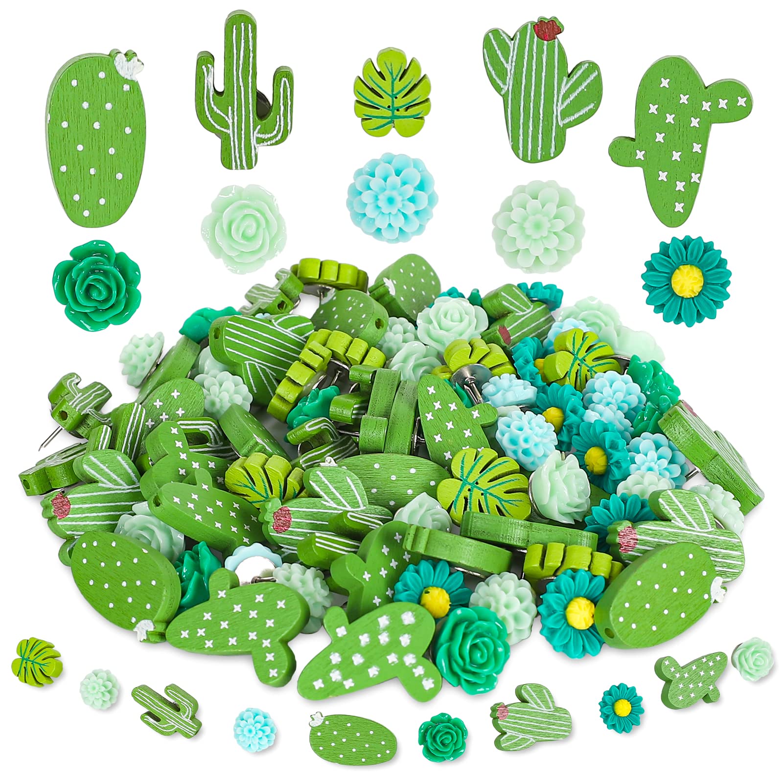 Whaline 80Pcs Wooden Push Pins Set Cactus Palm Leaf Flower Thumb Tack Decorative Cute Pushpins for Back to School Cork Board Bulletin Board Maps Photos Wall Home Office Classroom Decoration