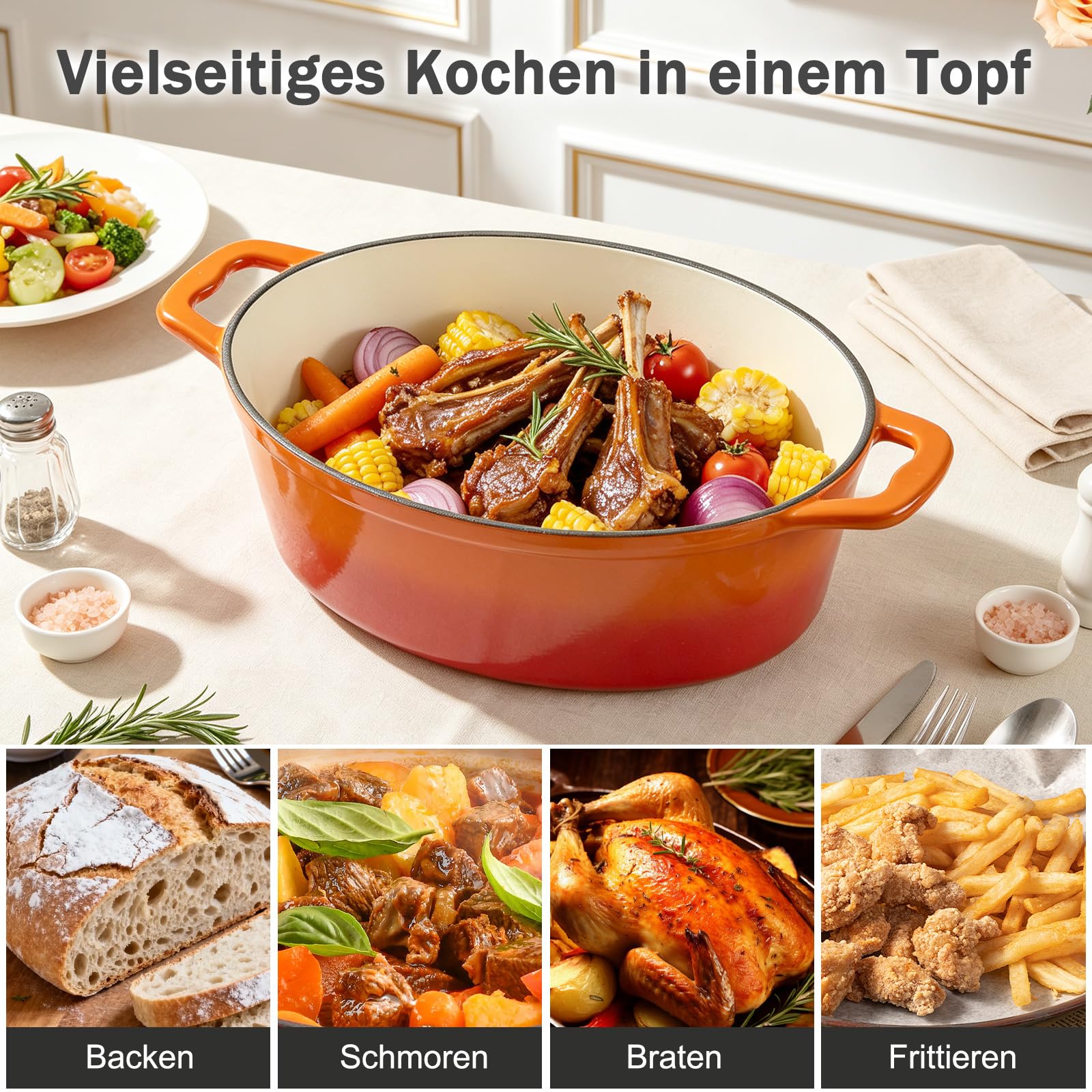 Żeliwny garnek do pieczenia z pokrywką, owalny garnek żeliwny 7,6 l, emaliowany, duży garnek do duszenia z pokrywką, do wszystkich rodzajów kuchenek indukcyjnych (pomarańczowy)