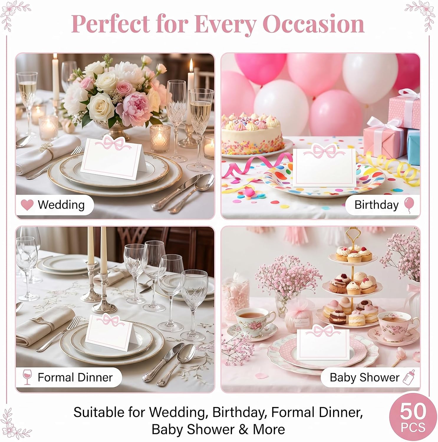 50 Pcs Bow Place Cards 2 x 3.5 Inch Cute Tent Name Cards with Blank Design for Wedding Birthday Party Banquet Table Setting Supplies