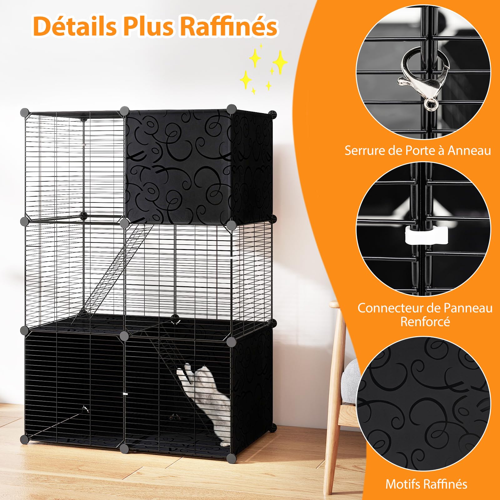 GYMAX Cage Métallique d'Intérieur pour Chat 3 Niveaux avec 2 Échelles 3 Portes