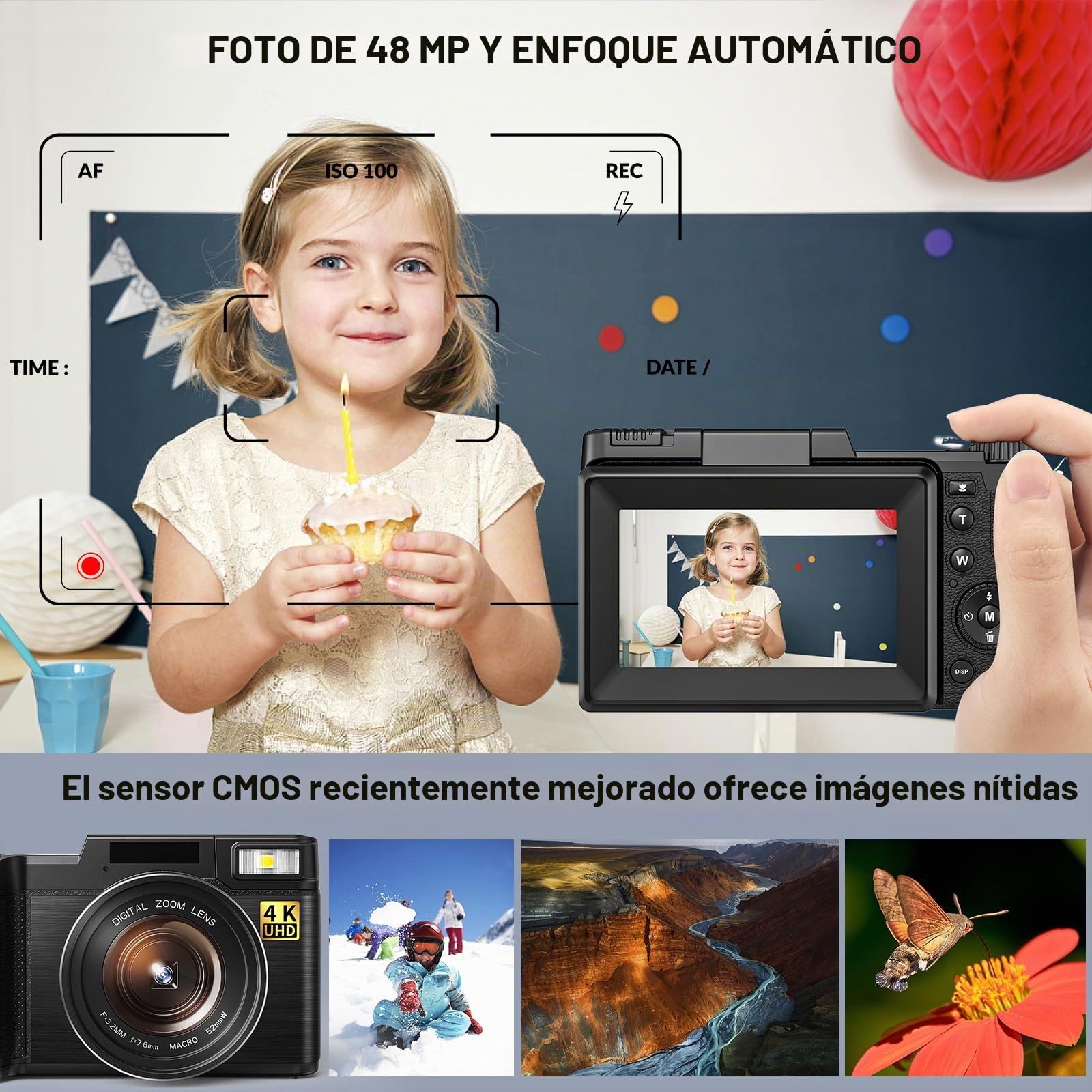 Cámara digital 4K para fotografía, enfoque automático, cámara de vlogging de 48 MP para YouTube con zoom digital de 16X, cámara macro de 3 pulgadas, pantalla abatible de 180°, cámara de video compacta