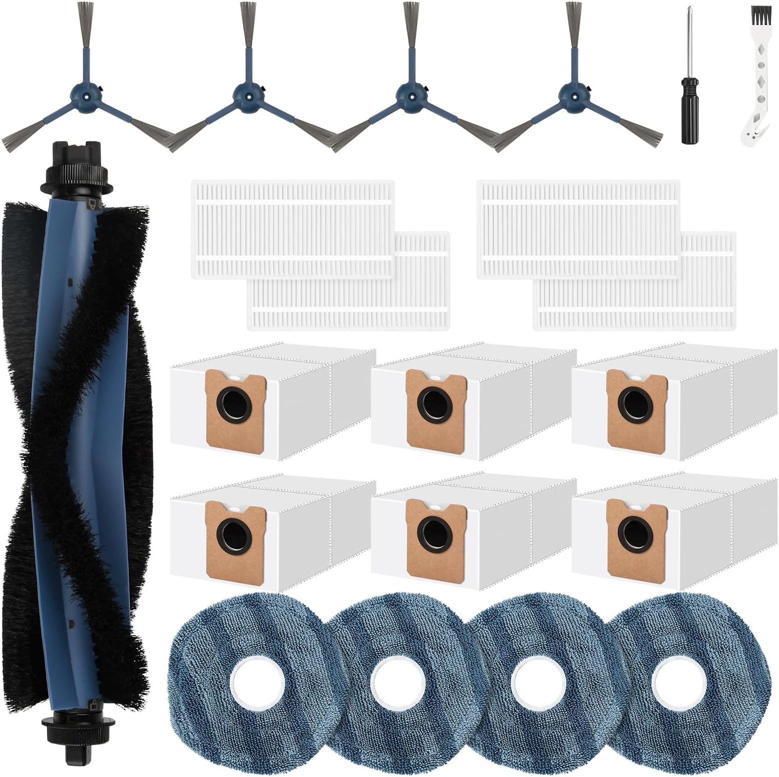 21 Pcs Accessories Kit Compatible with eufy Vacuum Omni C20, Replacement Parts include 1 Main Brush, 4 Side Brushes, 6 Dust Bags, 4 Mop Pads, 4 Washable Filters, 1 Cleaning Tool and1 Screwdriver