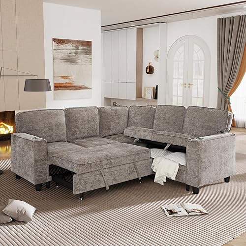 KEIKI 81" L-Shaped Oversized Chenille Modular Sectional Sleeper Sofa with Pull-Out Bed, Storage Seat, Modern 5-Seater Upholstered Couch Bed with Charging Station, Easy Assembly, for Living Room, Brown