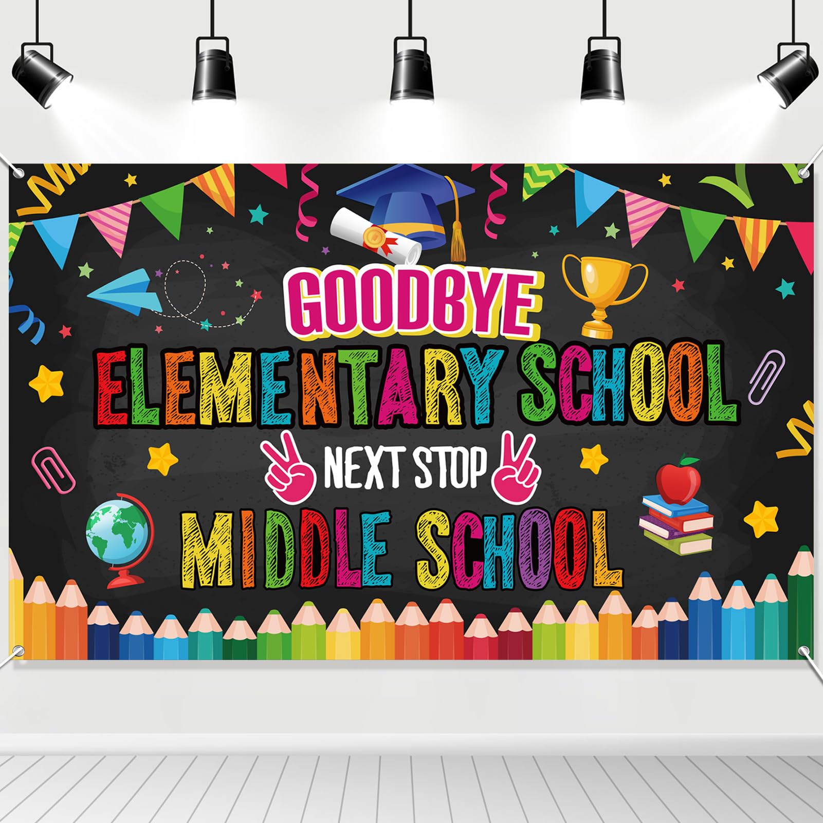 HOWAF Goodbye Elementary School Next Stop Middle School Backdrop Banner, Fifth Grade Grad Background for Primary Graduation Party Decor, Class of 2025