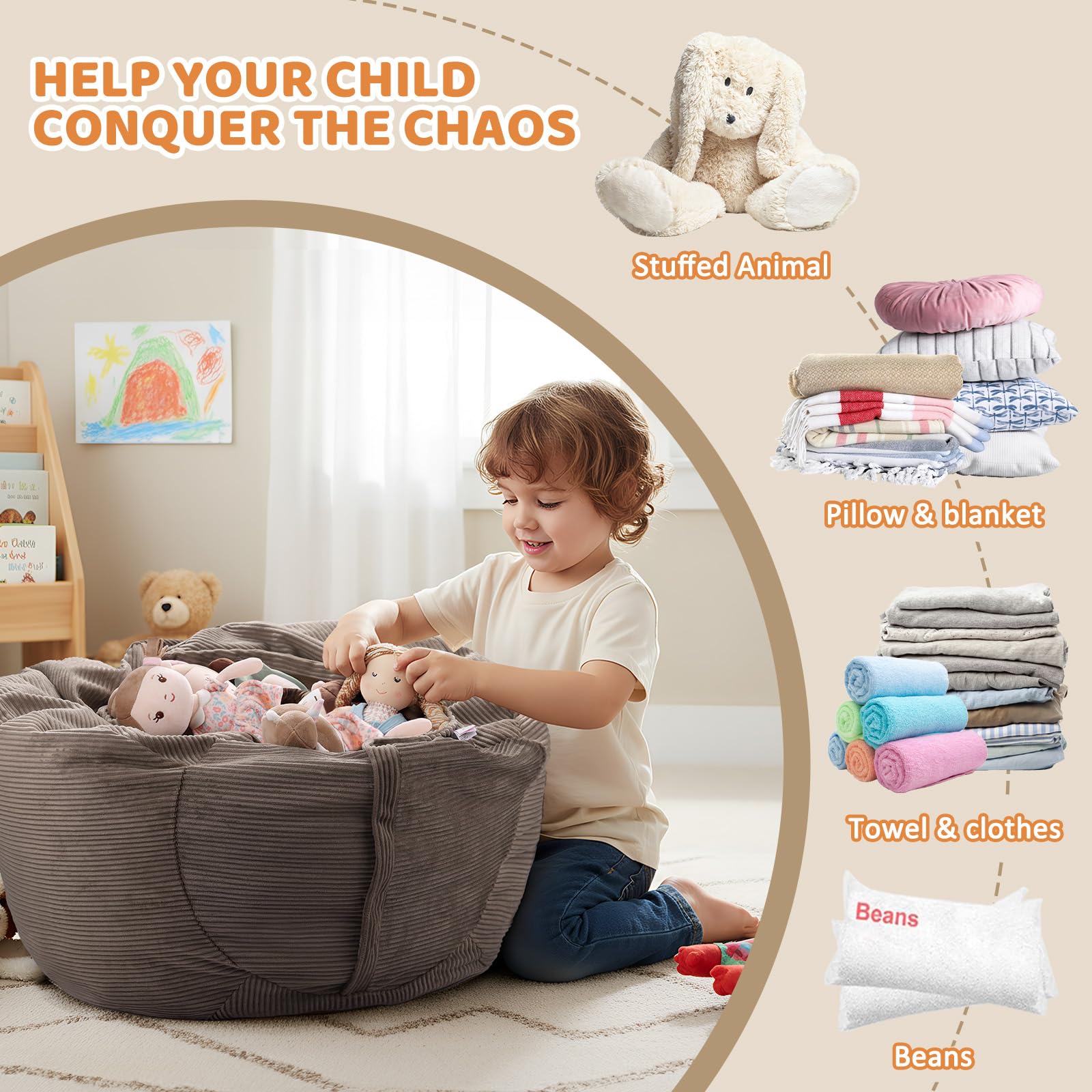 GAGAKU Pouf di peluche, copertura da 200 l, XXL, per la cameretta dei bambini, con chiusura lampo, per organizzare (gattini) (marrone)