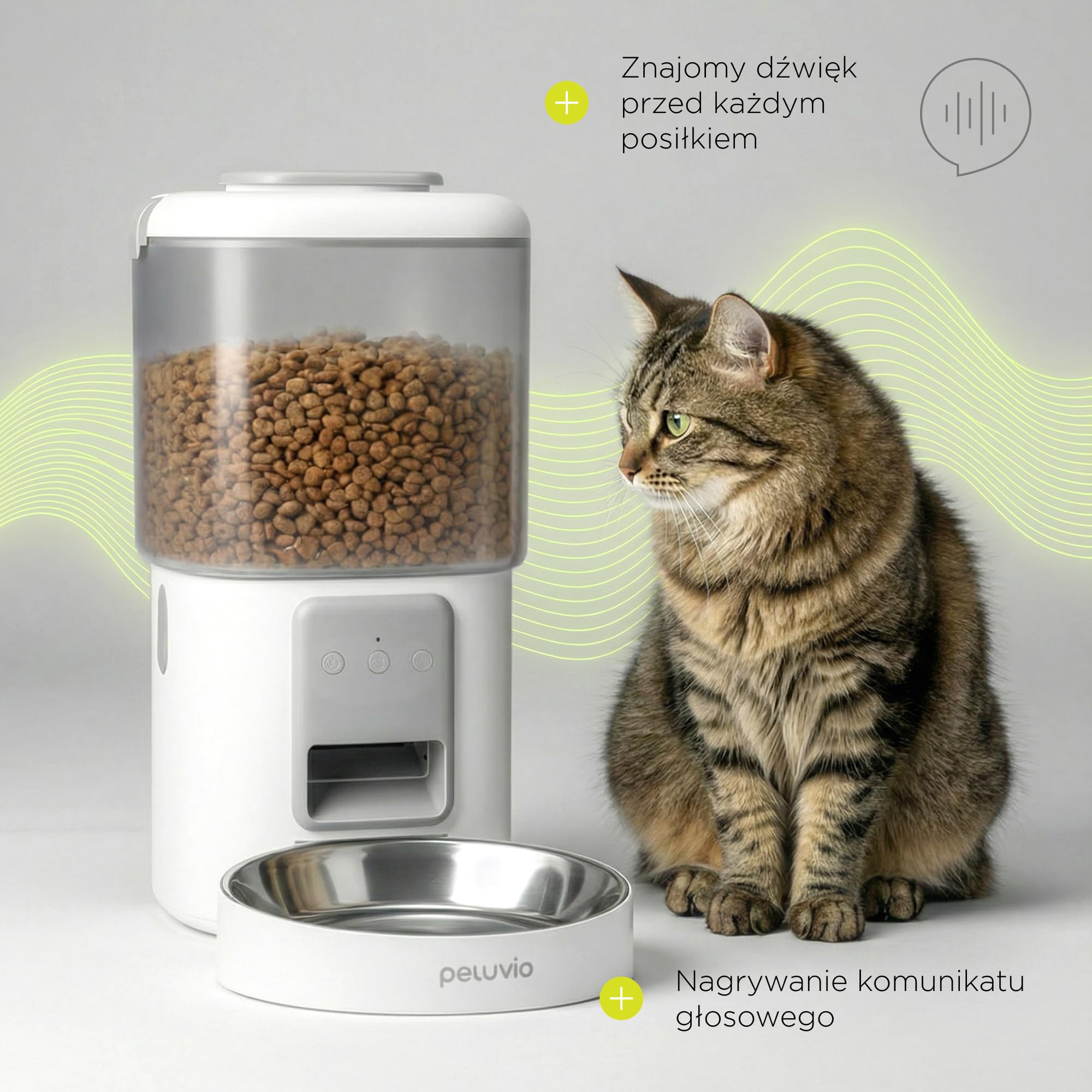 Peluvio Crispy Wi-Fi automatyczny dozownik karmy dla psa z aplikacją Wi-Fi, timerem i nagrywaniem głosu, do 10 posiłków dziennie, pojemnik na suchą karmę 4,5 l, 5-15 mm, 2,5 m kabel zapobiegający