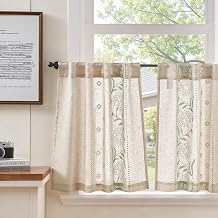 TOPICK Net Curtains Kitchen Green on Raw Bistro Curtain with Concealed Loops Short with Embroidered Linen Curtains for Living Room Bedroom Translucent Country House Style Set of 2 65 W x 60 H cm