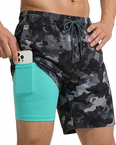 7 Inch Men Swim Trunks with Compression Breathable Liner Quick Dry Zipper Pockets for Pool Board Beach Cruise