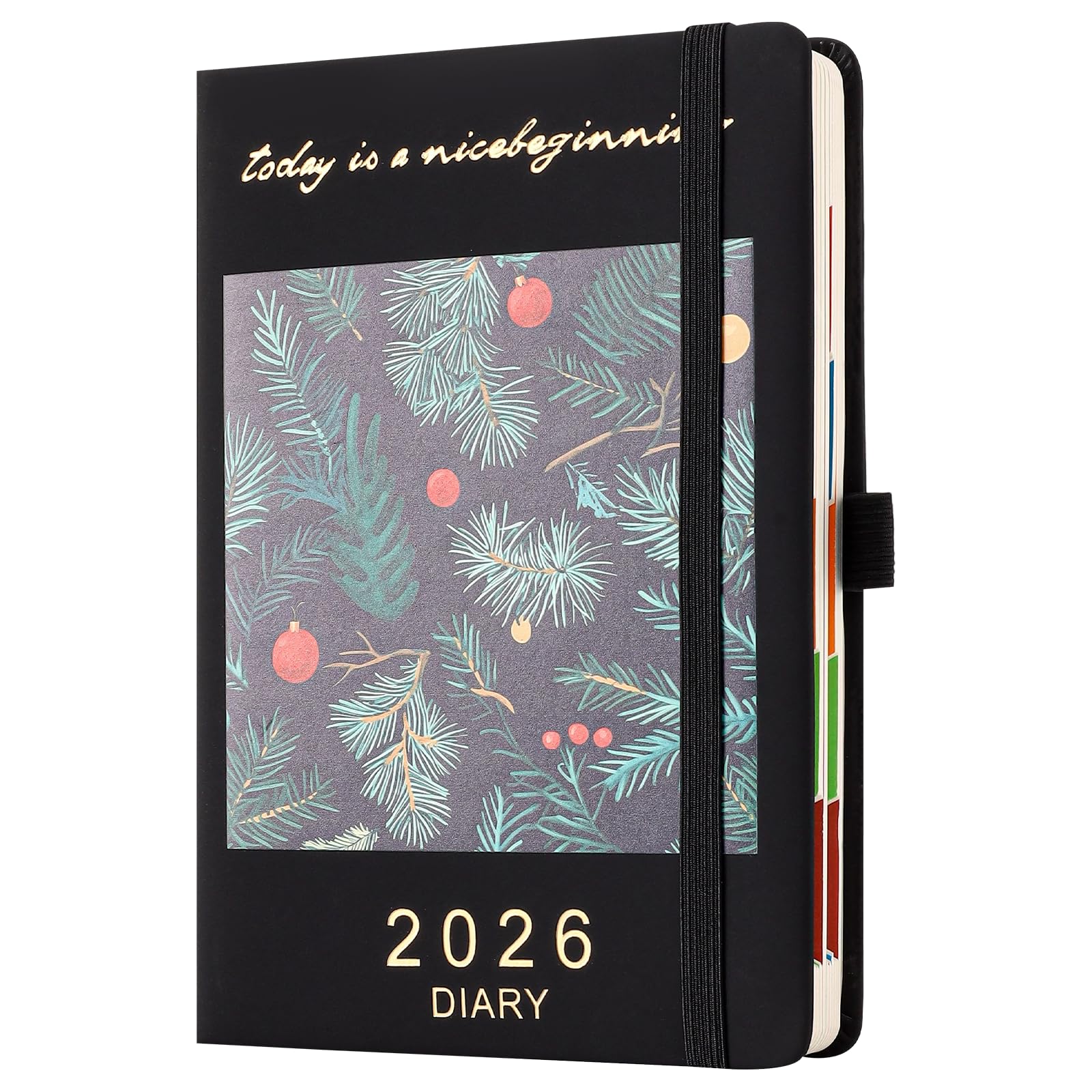 Diary 2026 Day to Page A5,Organsier Daily Planner from Jan 2026-Dec 2026,Schedule Diary Monthly View with Pen Holder,Coloured Side Tabs,Inner Packet (Black, A5)