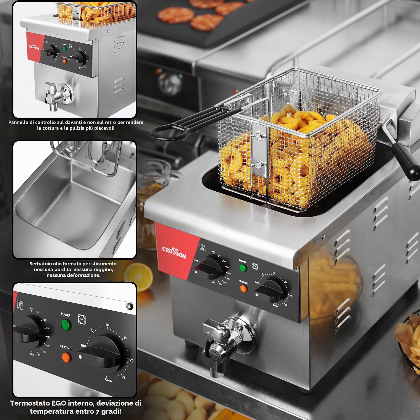 CROSSON Friggitrice Professionale 8 Litri,230V/3250W Friggitrice Elettrica ad olio Commerciale in Acciaio Inox con Rubinetto di Scarico,Controllo Temperatura 80-200°C,per Cucina Ristorante