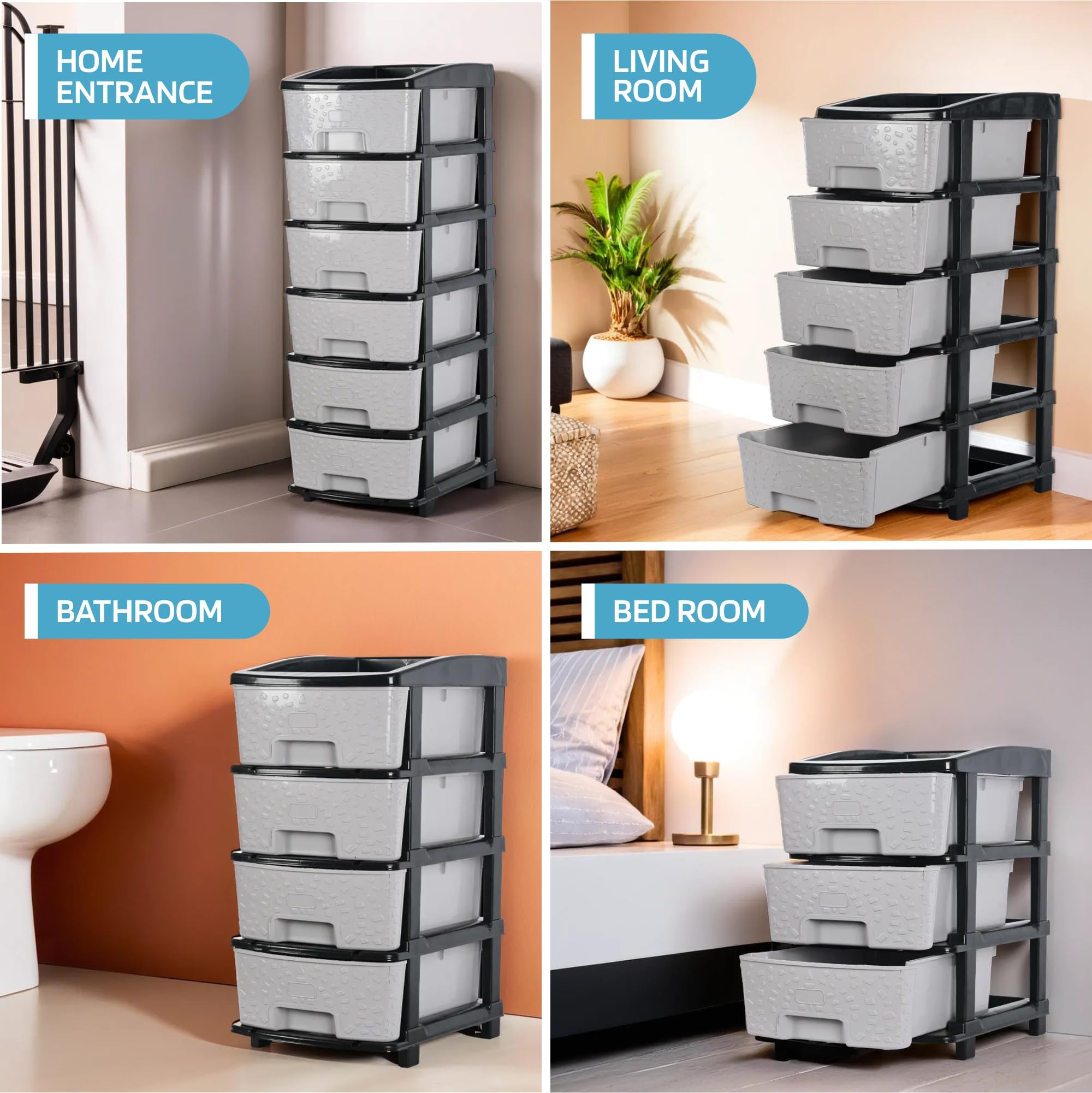 Kuber Industries 3-warstwowy i plastikowy organizer do przechowywania szuflad o pojemności 53 l, modułowy organizer do kuchni i zabawek do pokoju dziecięcego, czarno-szary