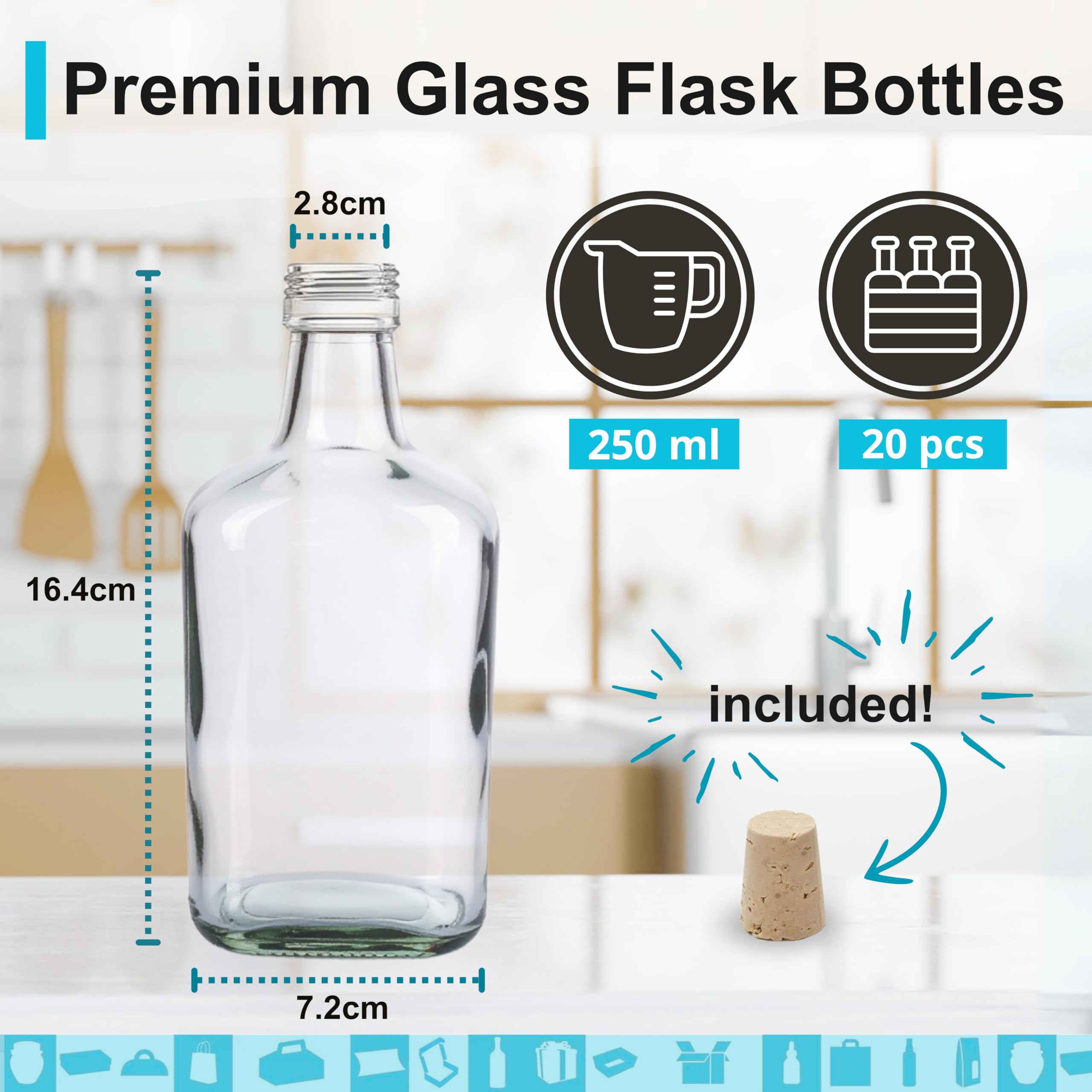 20 botellas de vidrio vacías de 250 ml estilo Flasque para alcohol con tapón de corcho, frasco para whiskey, ron, licor - frascos de bolsillo para bebidas espirituosas