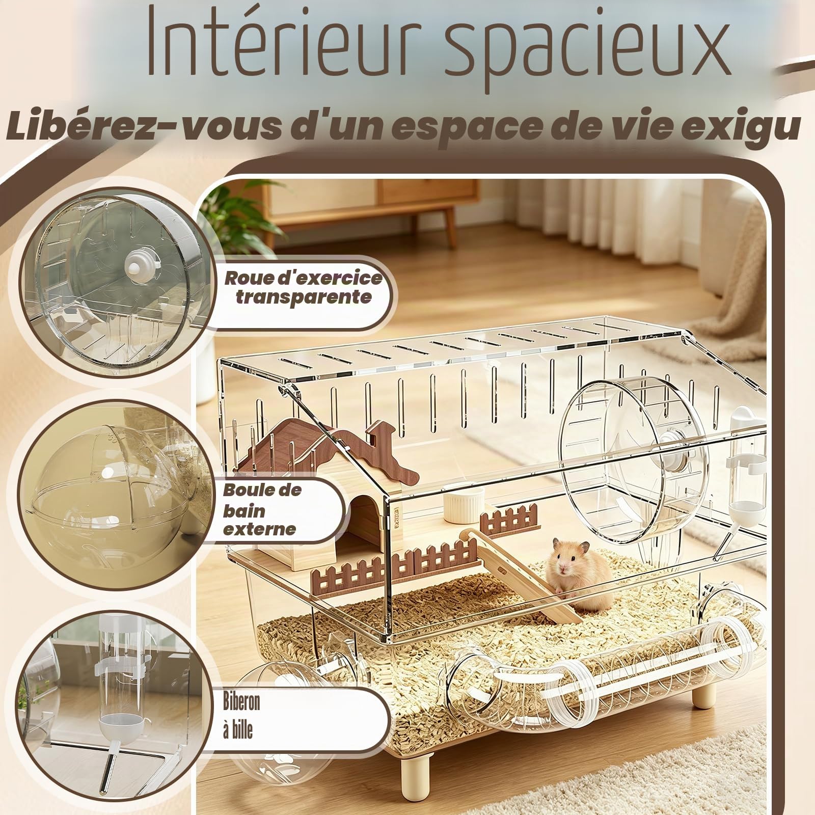 Cage Hamster, 43 x 30 x 34 cm Villa pour Hamster en Acrylique avec Espace de Repos Roue d'exercice Tunnel Salle de Bain Extérieure Bouilloire et Gamelle Maison à Deux Étages pour Hérisson Furet