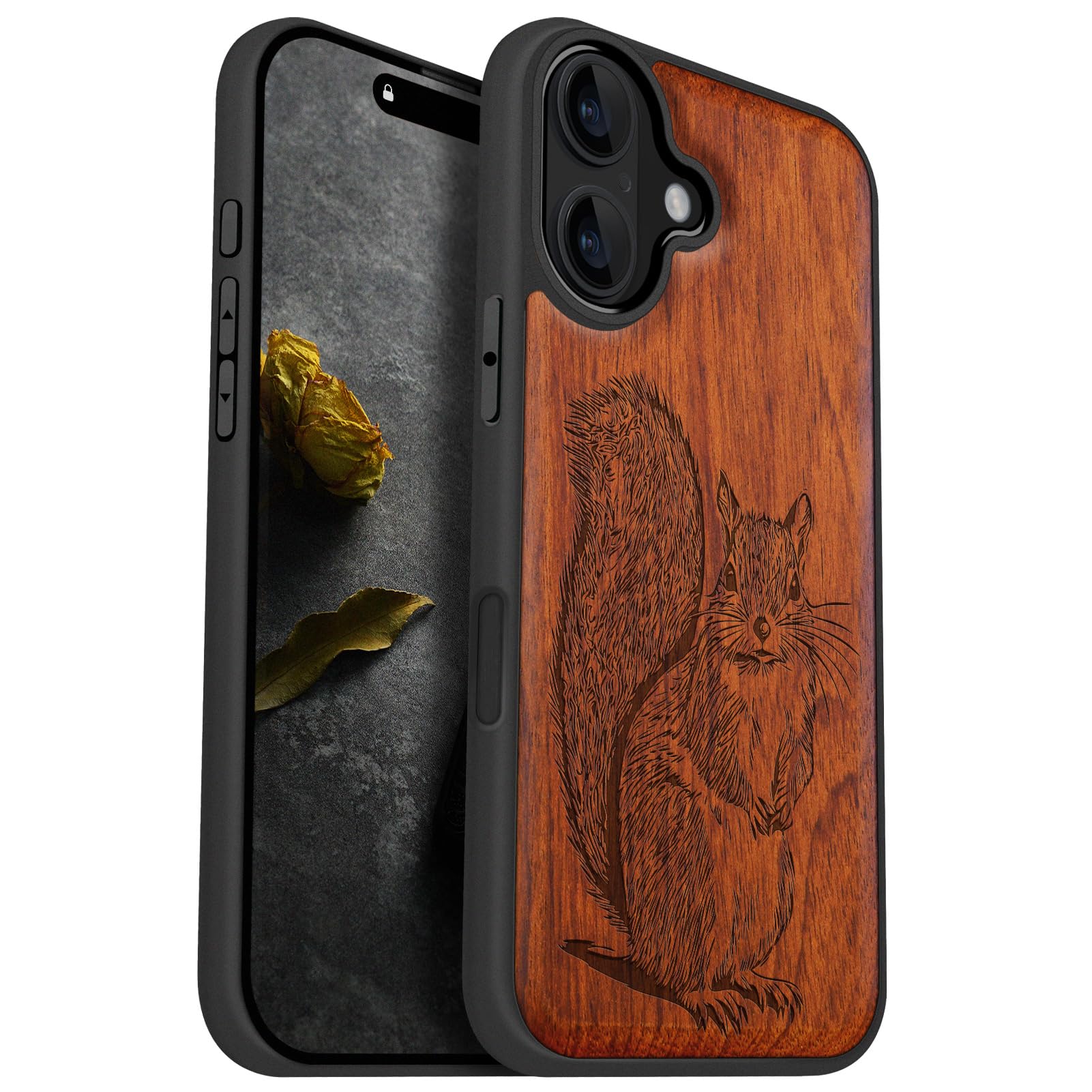 Carveit Magnetic Wooden Case for iPhone 16 Case, Wood Artisan Engraved & Black Soft TPU Shockproof Cover, Compatible with MagSafe Wireless Chargers (