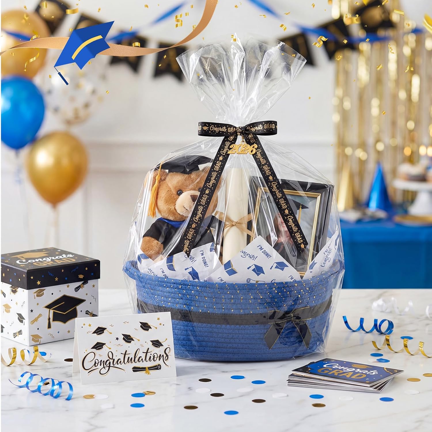 Colingmill Gift Basket for Graduation, Empty Woven Basket with Gift Bag Bow and Tissue Paper, Decorative Rope Baskets for 2026 Grad Keepsake Gifts, 14"x 10"x 5.5"(Royal Blue)