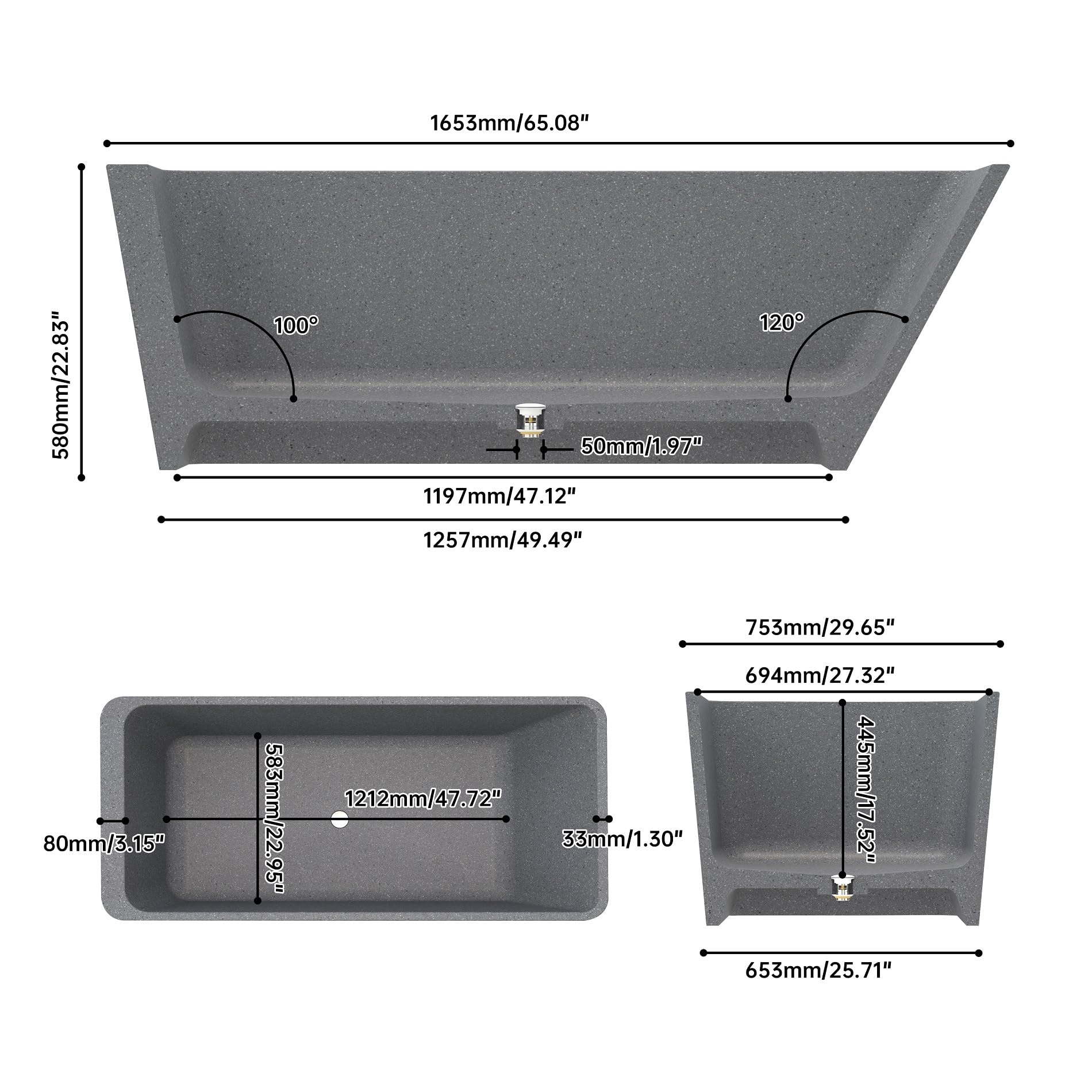 Vasche da bagno da esterno in cemento da 165 cm, autoportante, con superficie solida, moderna vasca in pietra terrazzo, vasca da bagno di lusso in stile spa per patio, giardino o bagno